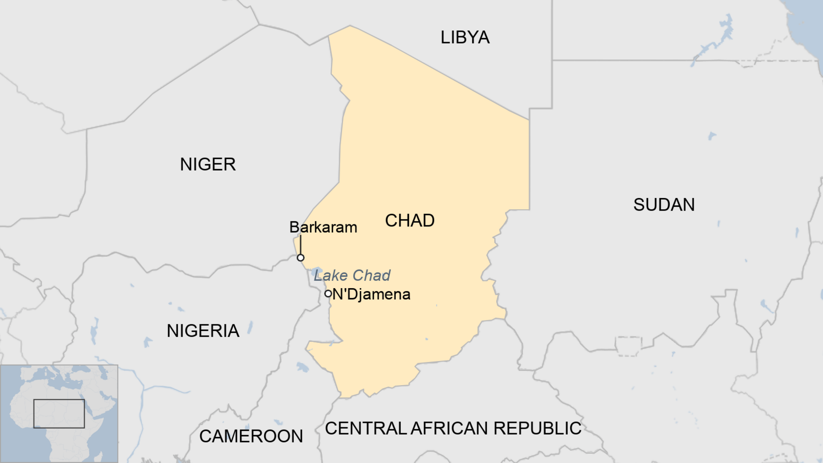 A map of Chad, showing the island of Barkaram, the capital N'Djamena, and neighbouring countries Cameroon, Central African Republic, Sudan, Libya, Niger and Nigeria.