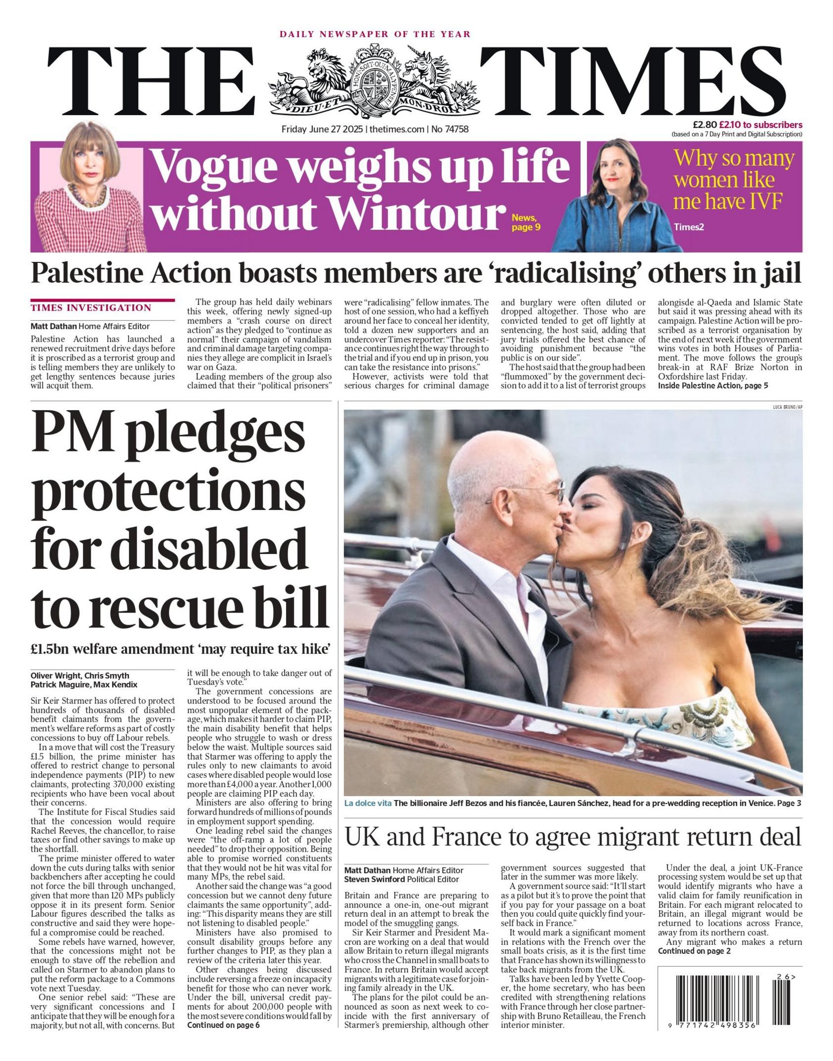 "PM pledges protections for disabled to rescue bill" reads the headline on the front page of The Times.