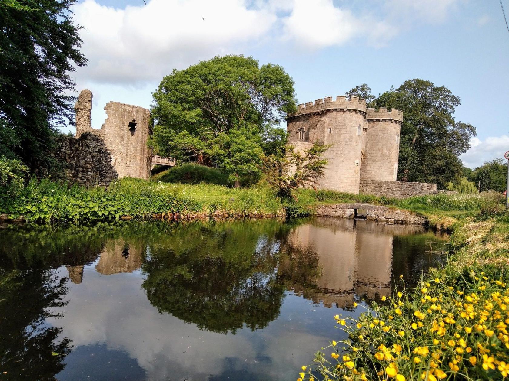 Castle battlements and towers can be seen with trees in among them and reflected in water before them.