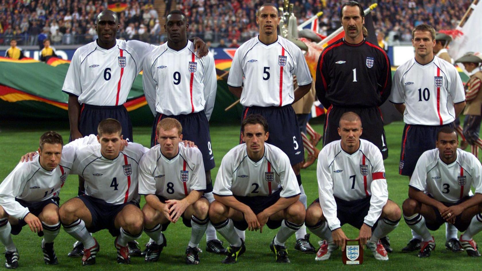 The England team that beat Germany 5-1 in 2001. Back Row (l-r) Sol Campbell, Emile Heskey, Rio Ferdinand, David Seaman and Michael Owen. Front Row (l-r): Nicky Barmby, Steven Gerrard, Paul Scholes, Gary Neville, David Beckham and Ashley Cole