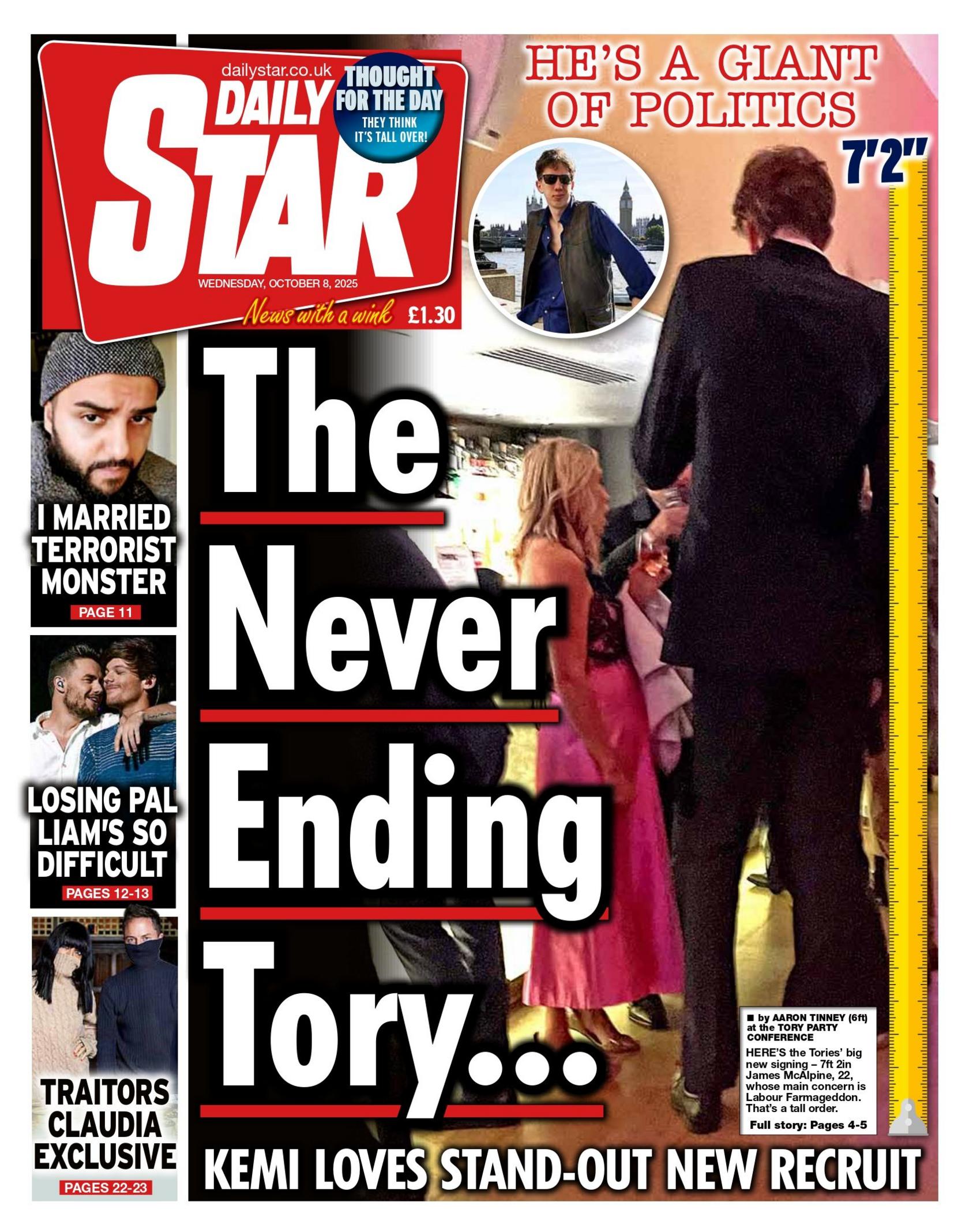 The headline on the front page of Daily Star reads: "The never ending Tory..."