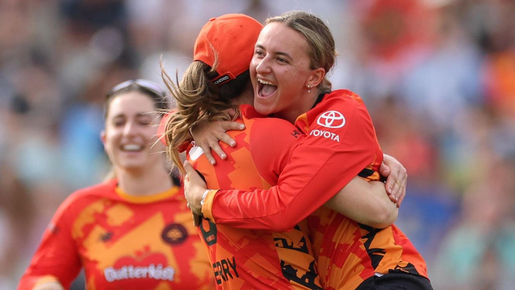 Hannah Baker (right) celebrates a wicket for Birmingham Phoenix