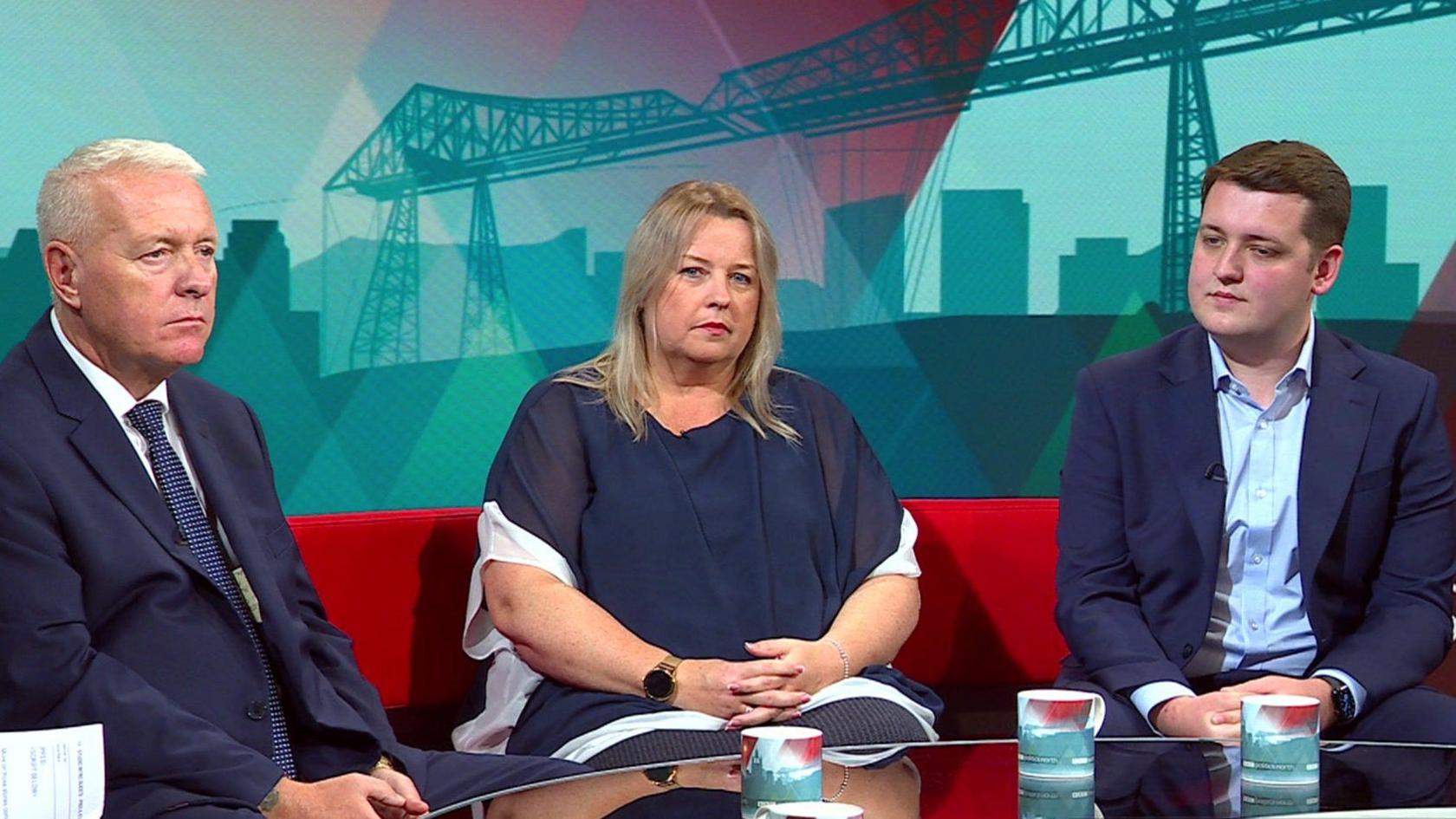 Ian Lavery, Labour MP for Blyth and Ashington (left), with the Liberal Democrat leader of Durham County Council, Amanda Hopgood (centre), and Liam Bones, Conservative councillor in North Tyneside, on a red sofa in the BBC's Politics North studio.