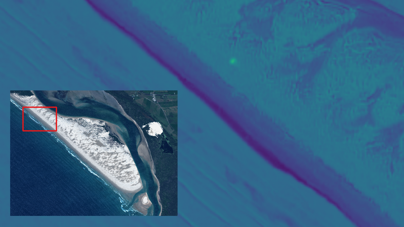 Satellite image of a beach that looks clean in the bottom left of the image. The beach has been zoomed in on and looks blue in hue from the technology. A green spot shows where plastic is 