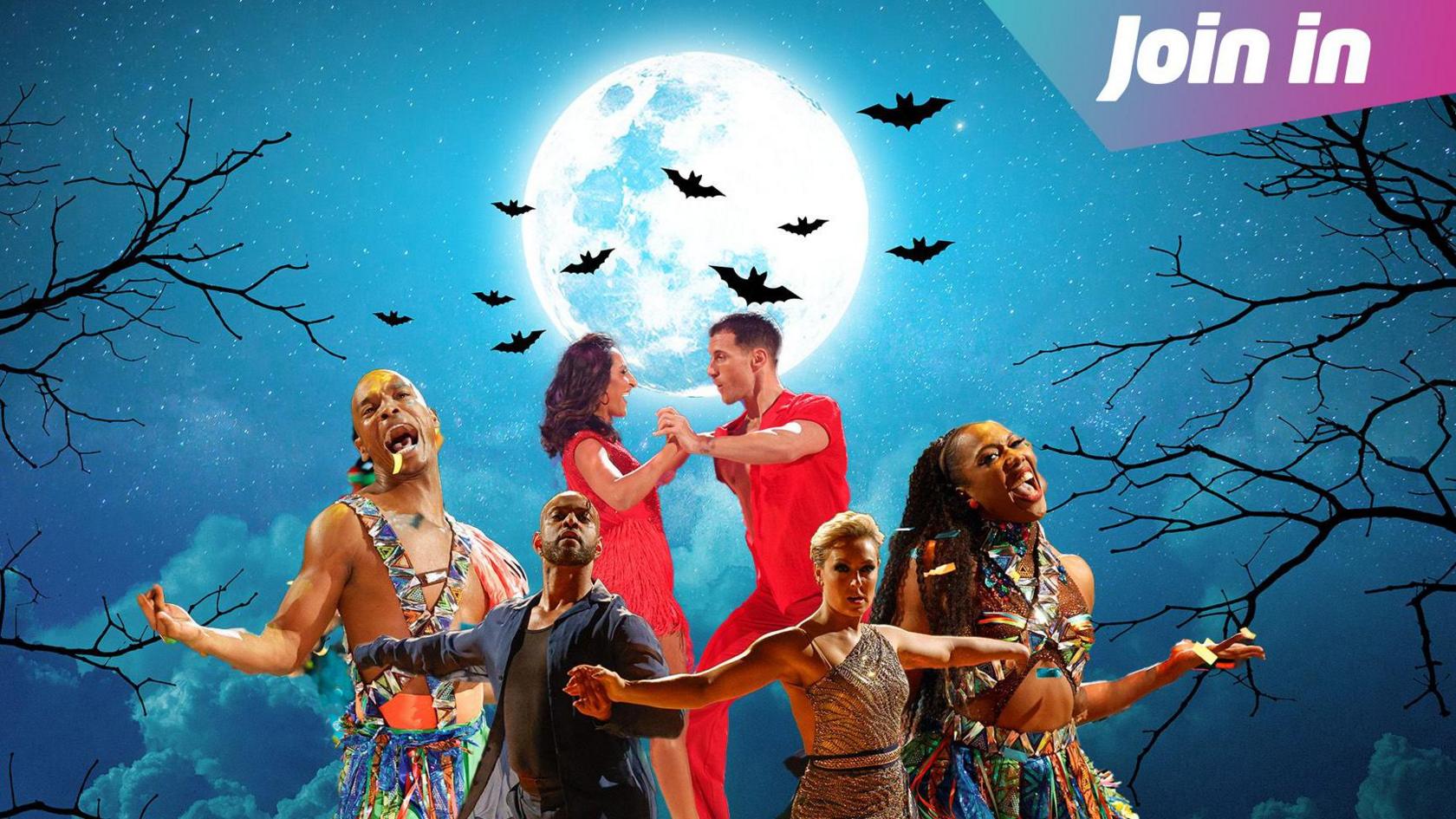 Strictly dancers photoshopped onto a Halloween moon background.