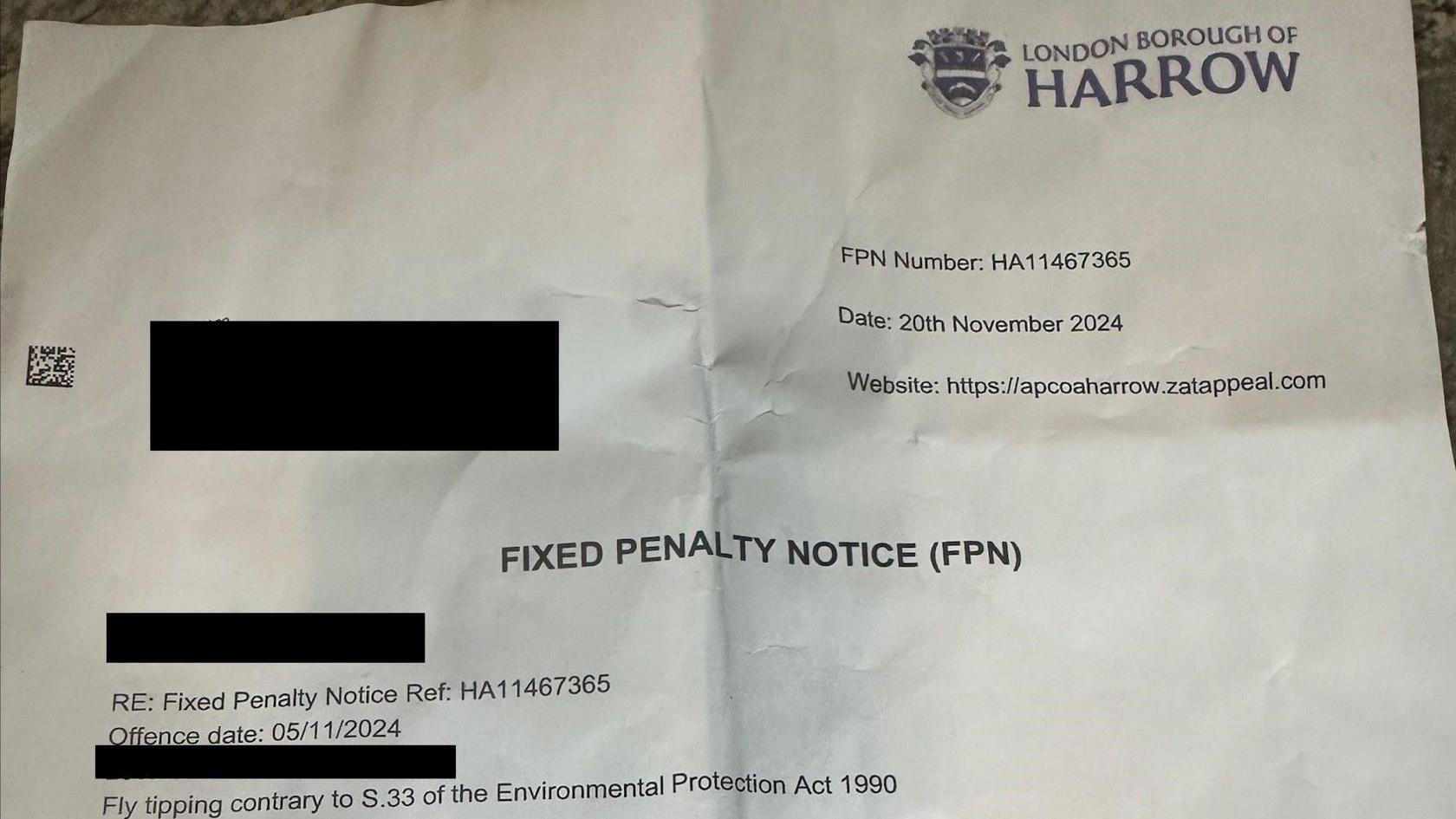 A fixed penalty notice letter from Harrow council.