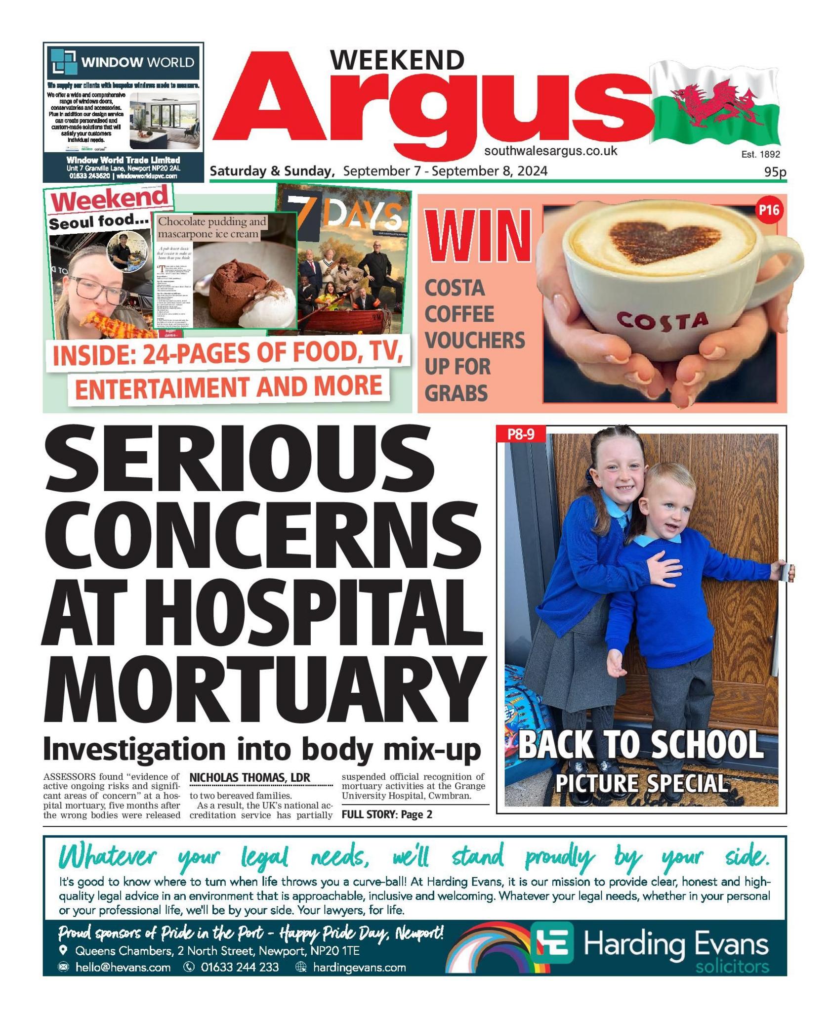 The South Wales Argus front page. Lead story: Serious concerns at hospital mortuary: investigation into body mix-up. 