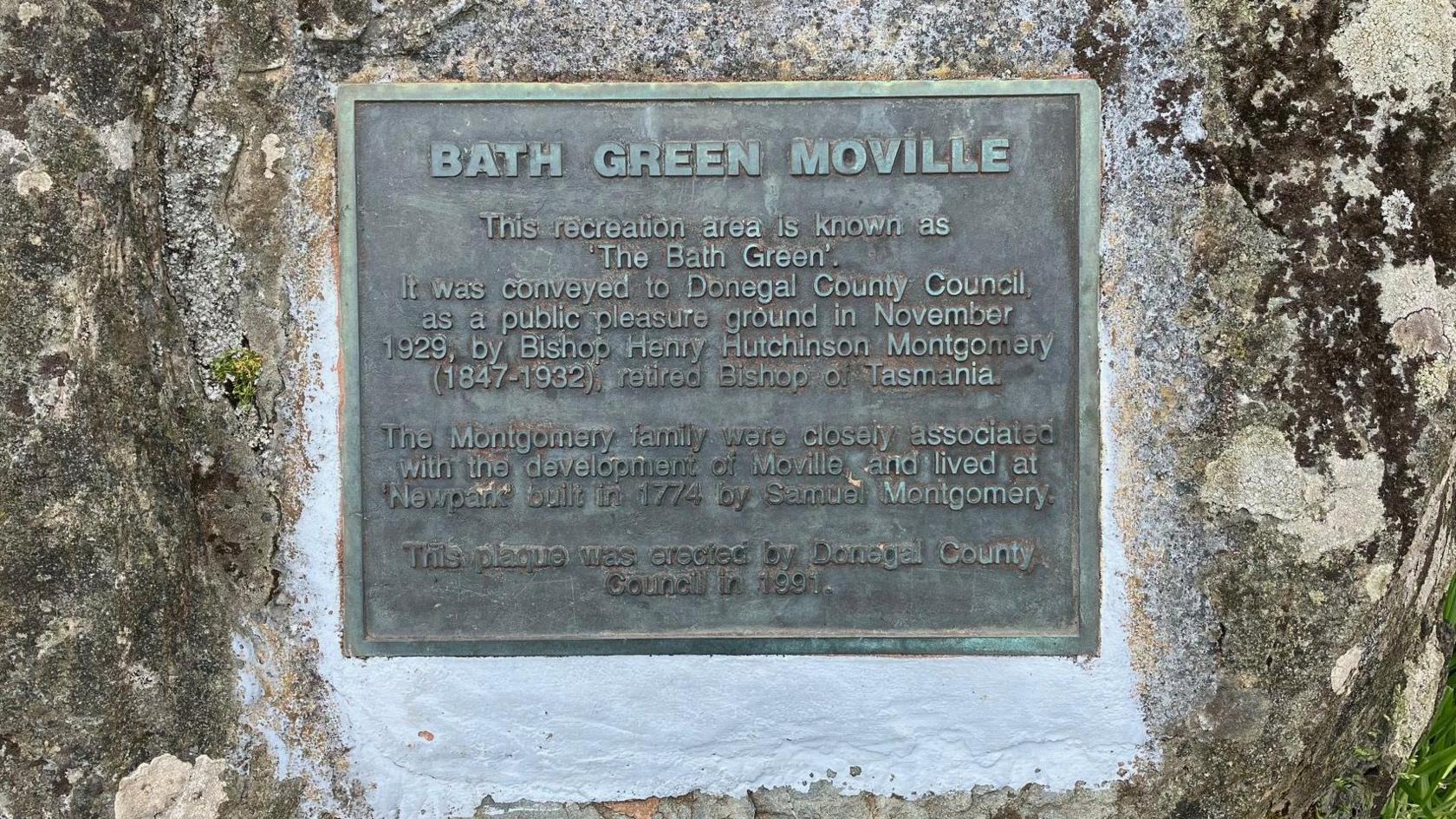 plaque in Moville marking the gifting of land by montomgery family