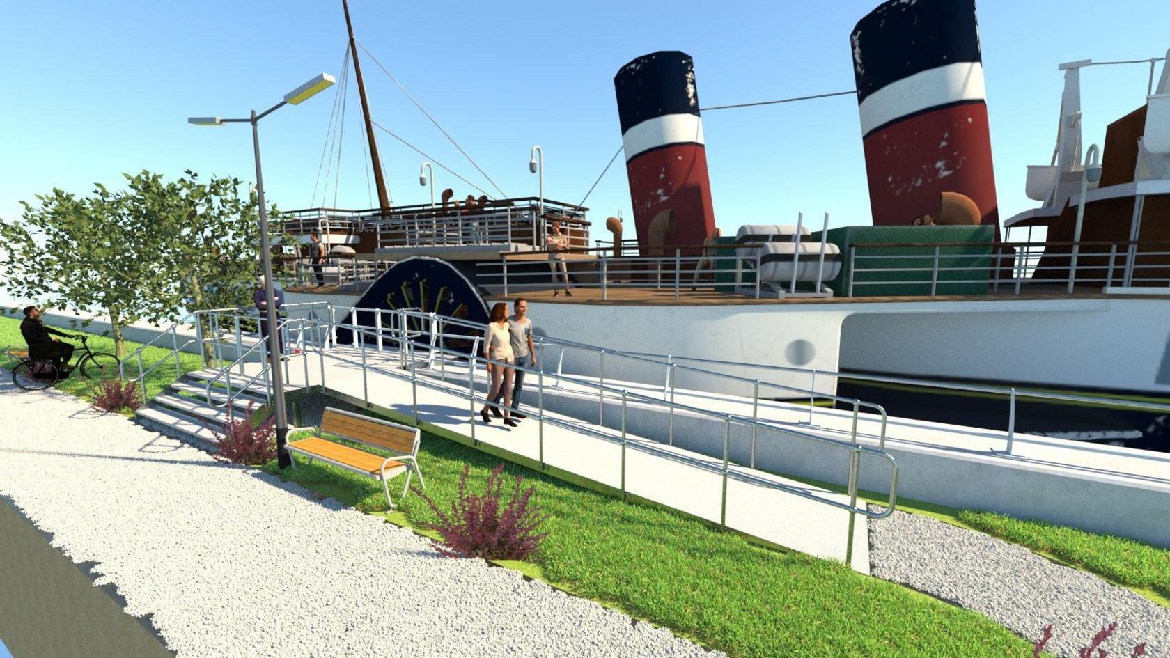 An artist's impression of a new dock with a ship moored there.