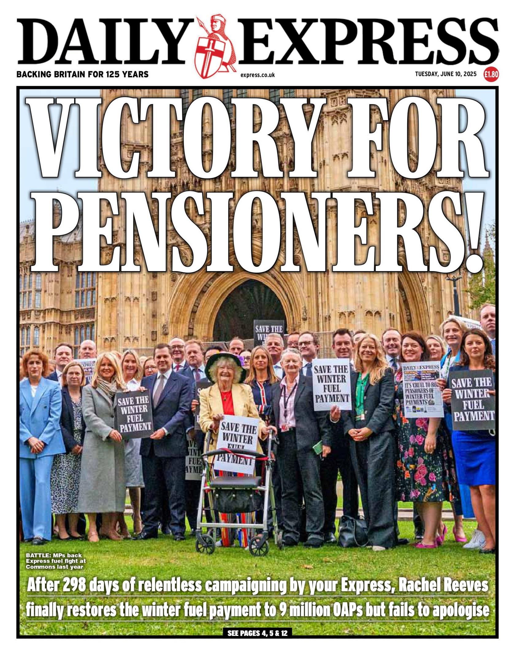 The headline of the Daily Express reads: "Victory for Pensioners!"
