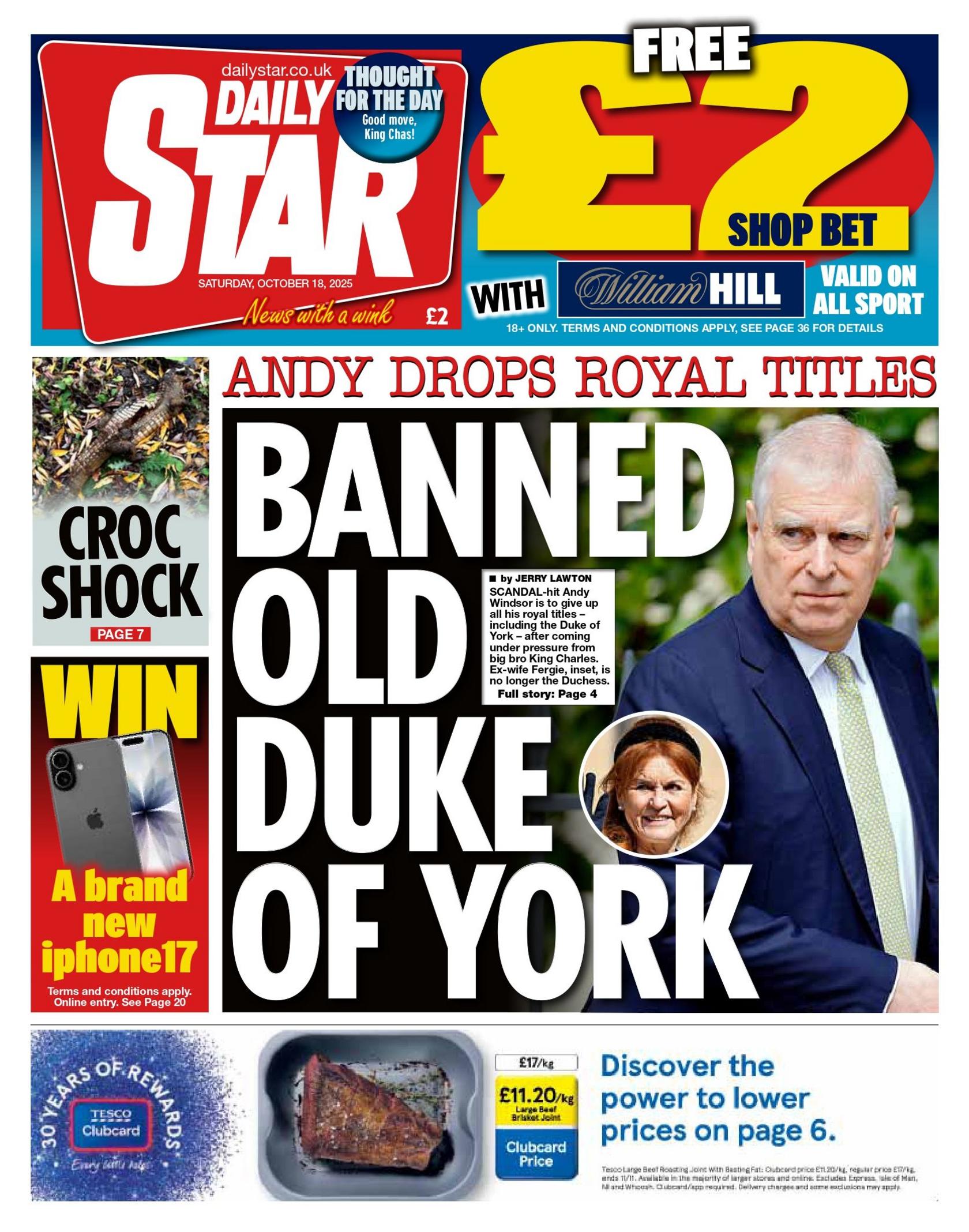 The headline on the front page of the Daily Star reads: "Banned old Duke of York".