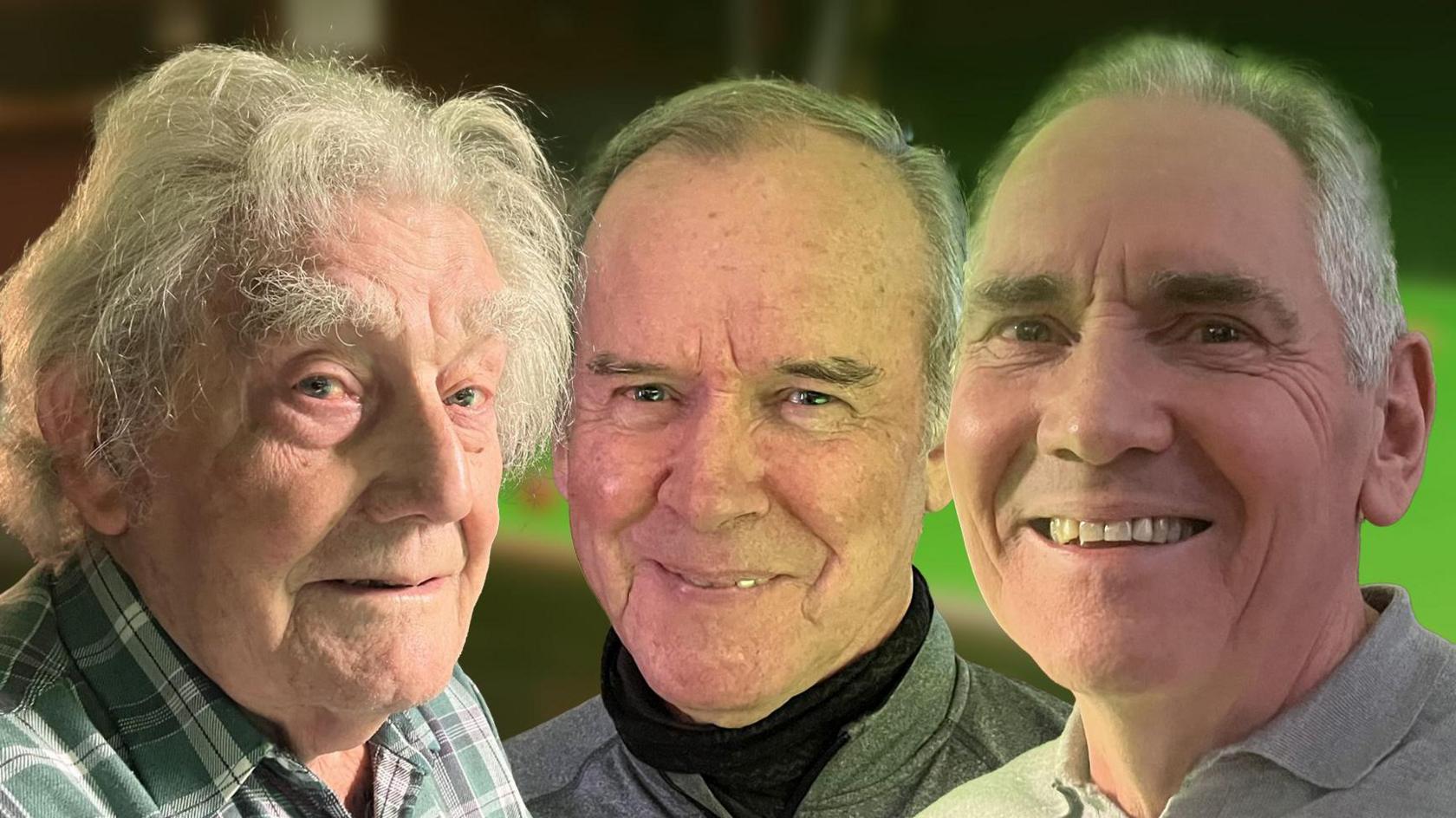 The faces of three men, in a montage, with an out-of-focus snooker table in the background.