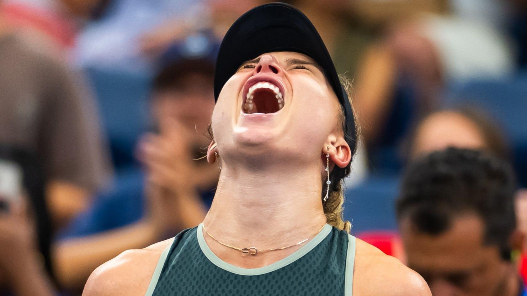 Paula Badosa celebrates her US Open fourth-round victory