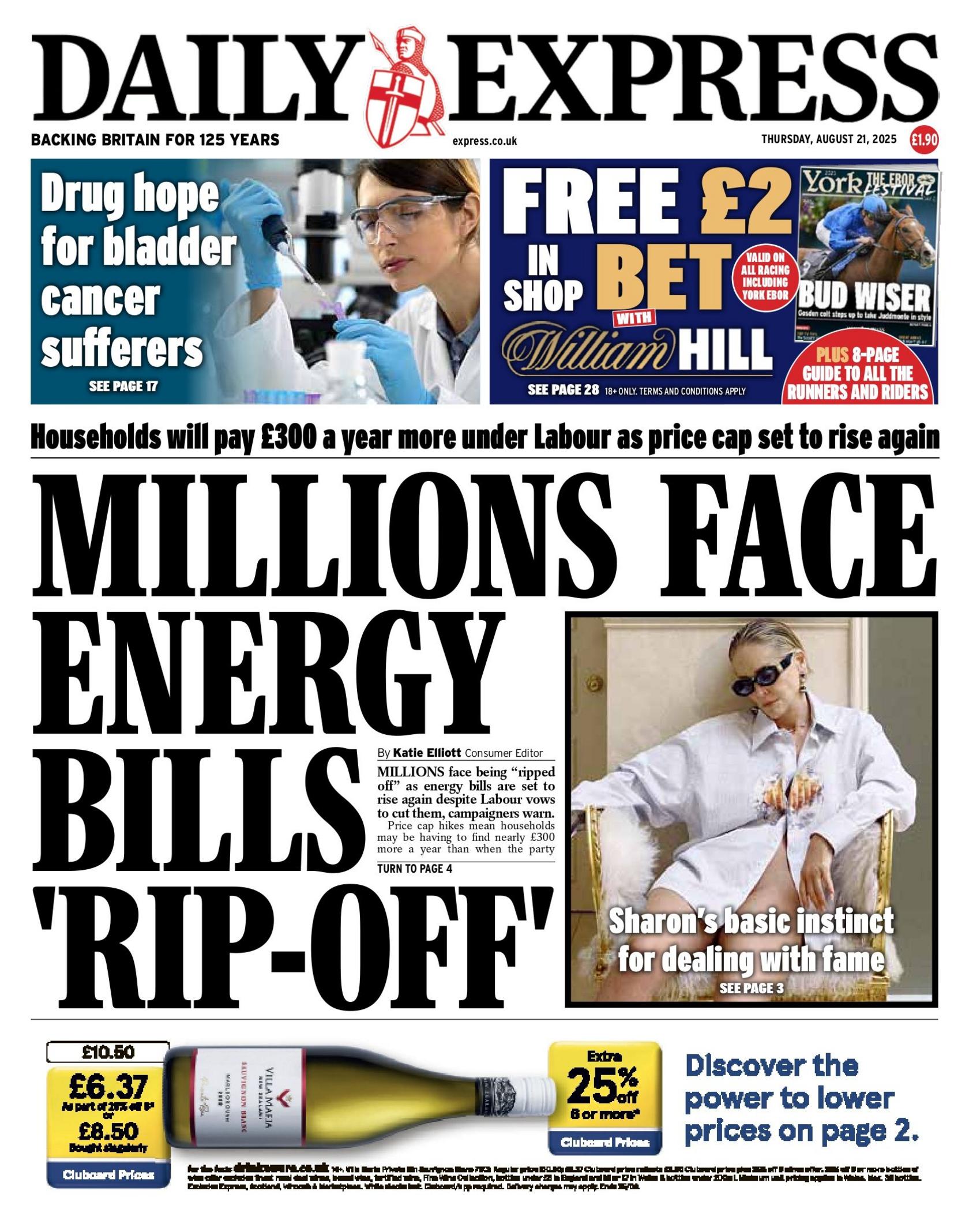 "Millions face energy bills 'rip-off'," reads the headline on the front page of the Daily Express.