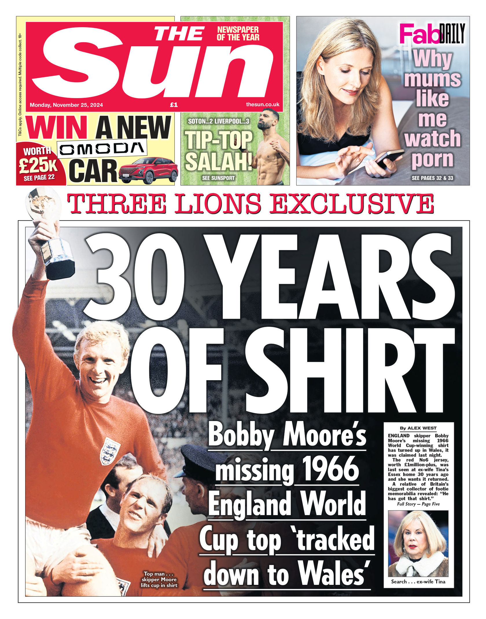 The Sun front page with headline: "30 years of shirt" and featuring a picture of Bobby Moore lifting the World cup trophy in 1966 after England's win. 