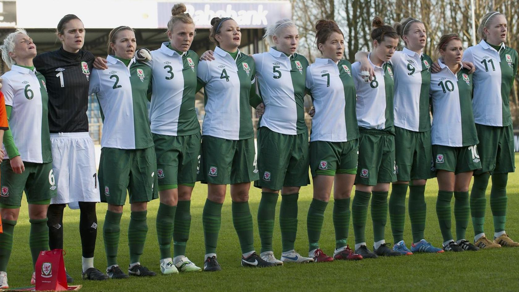 Wales line up for their international against Netherlands in 2012 (L-R): 
Jessica Fishlock, goalkeeper Rhian Nokes, Loren Dykes, Sophie Ingle, Nia Jones, Lauren Price, Angharad James, Hayley Ladd, Hannah Keryakoplis, Sarah Wiltshire, Helen Bleazard