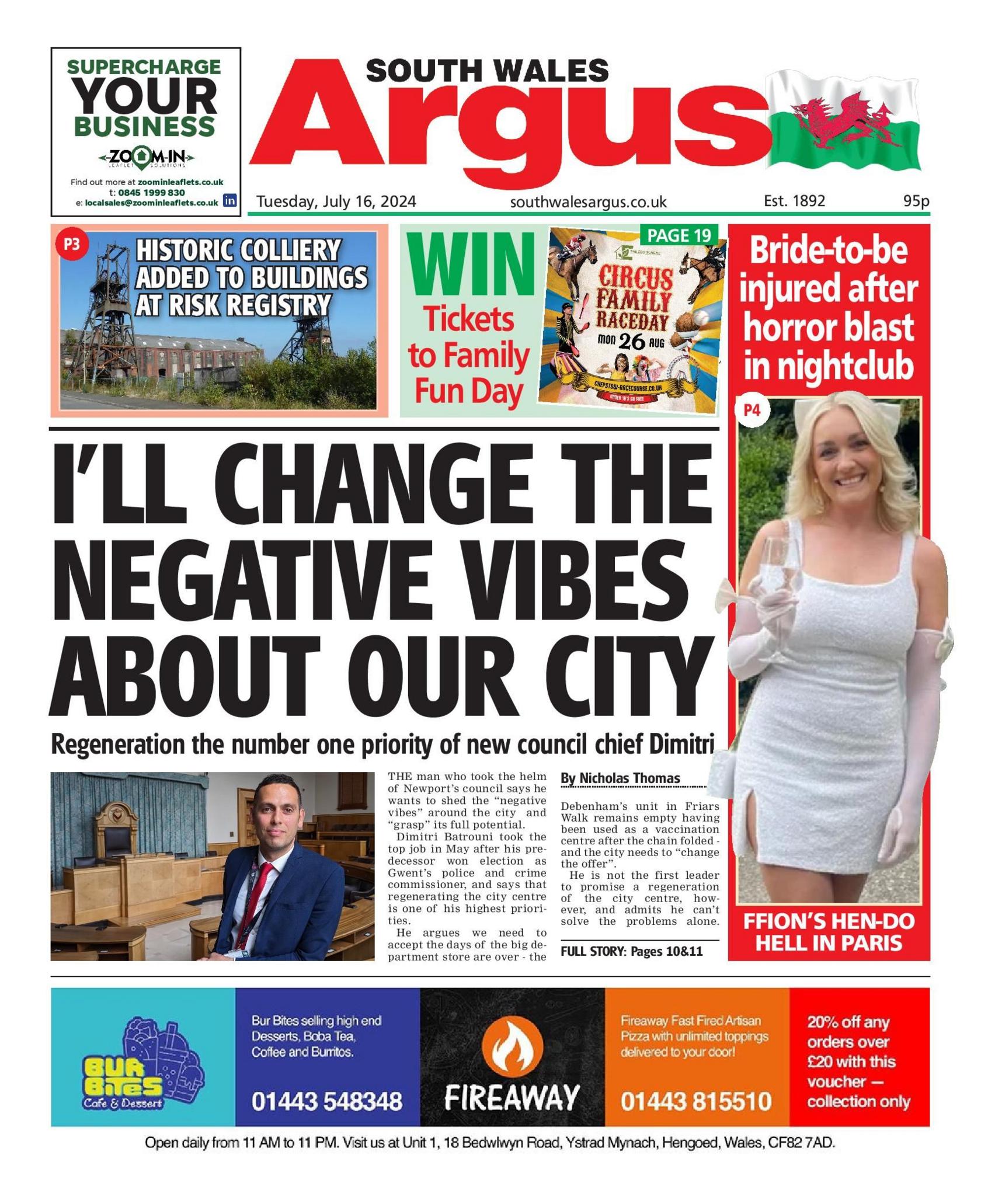 Front page of the South Wales Argus