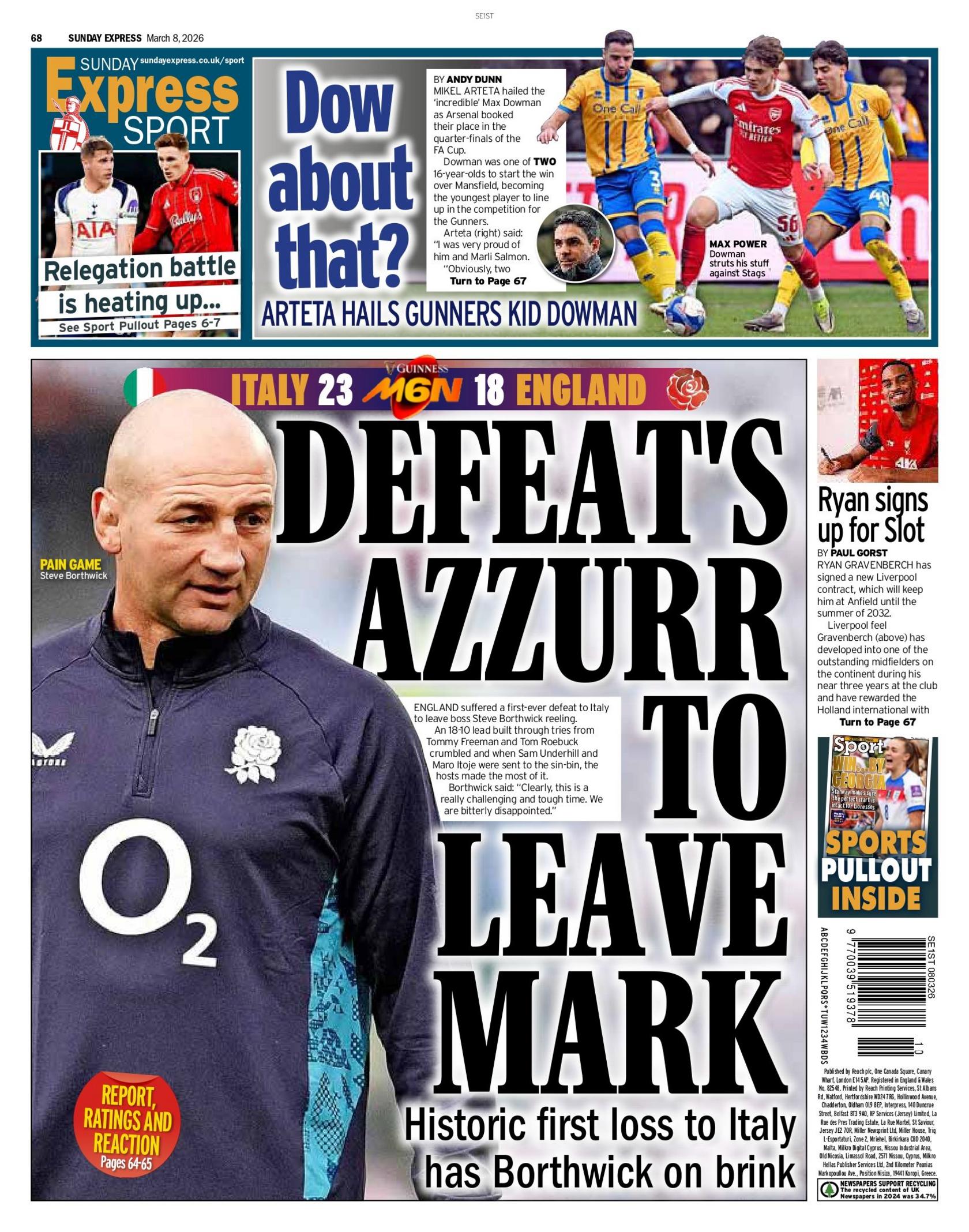 Back page of the Express with the headline "Defeat's azzurr to leave mark"