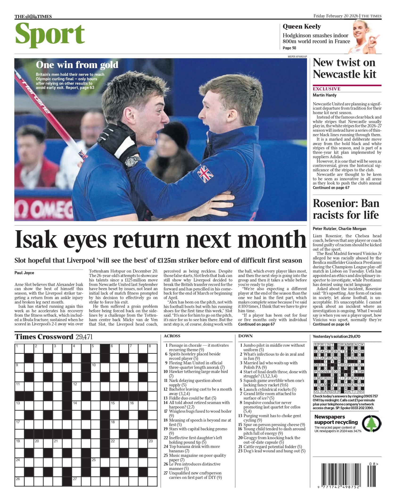 Back page of the Times with the headline: "Isak eyes return next month".
