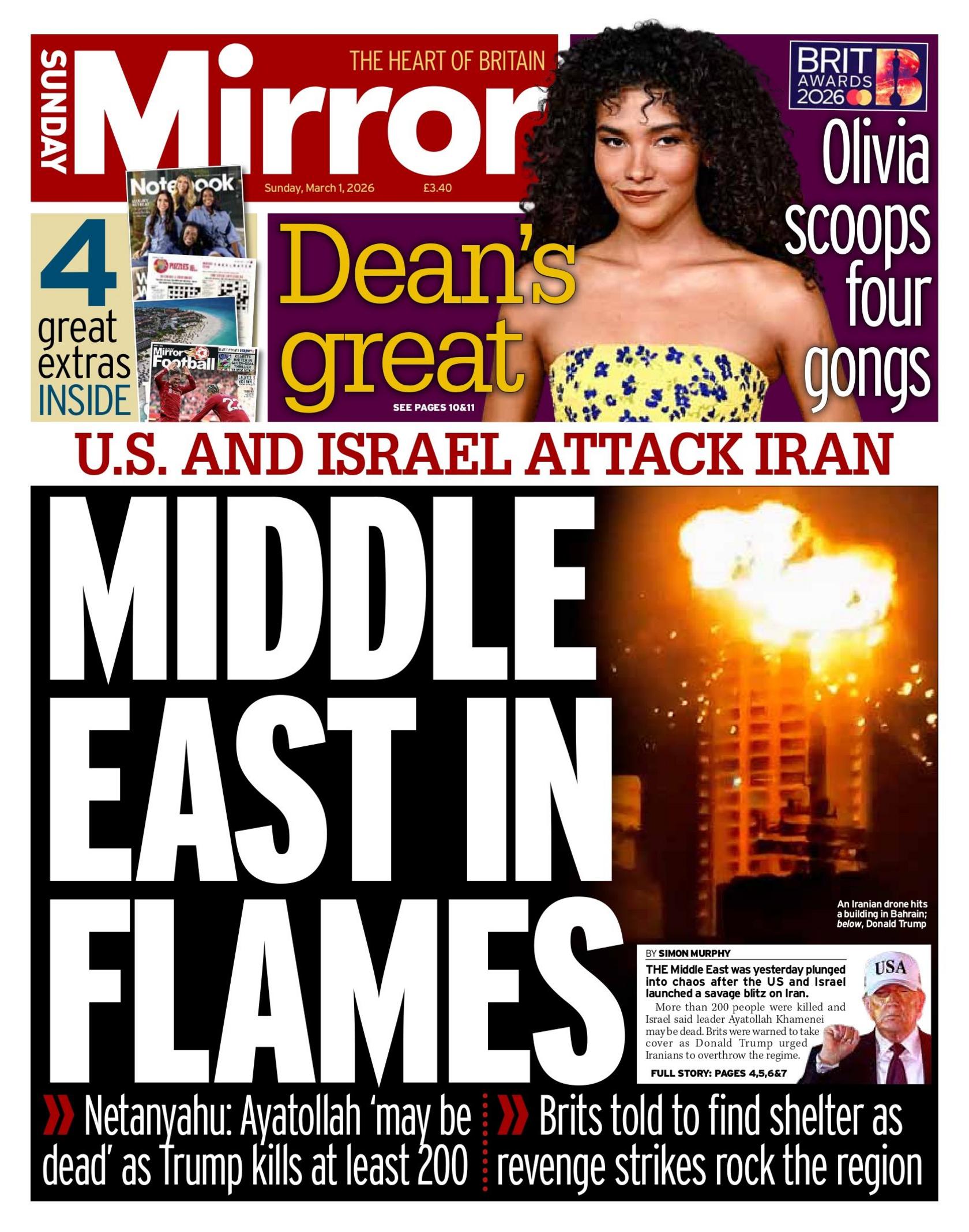 The headline on the front page of the Sunday Mirror reads: "Middle East in flames".
