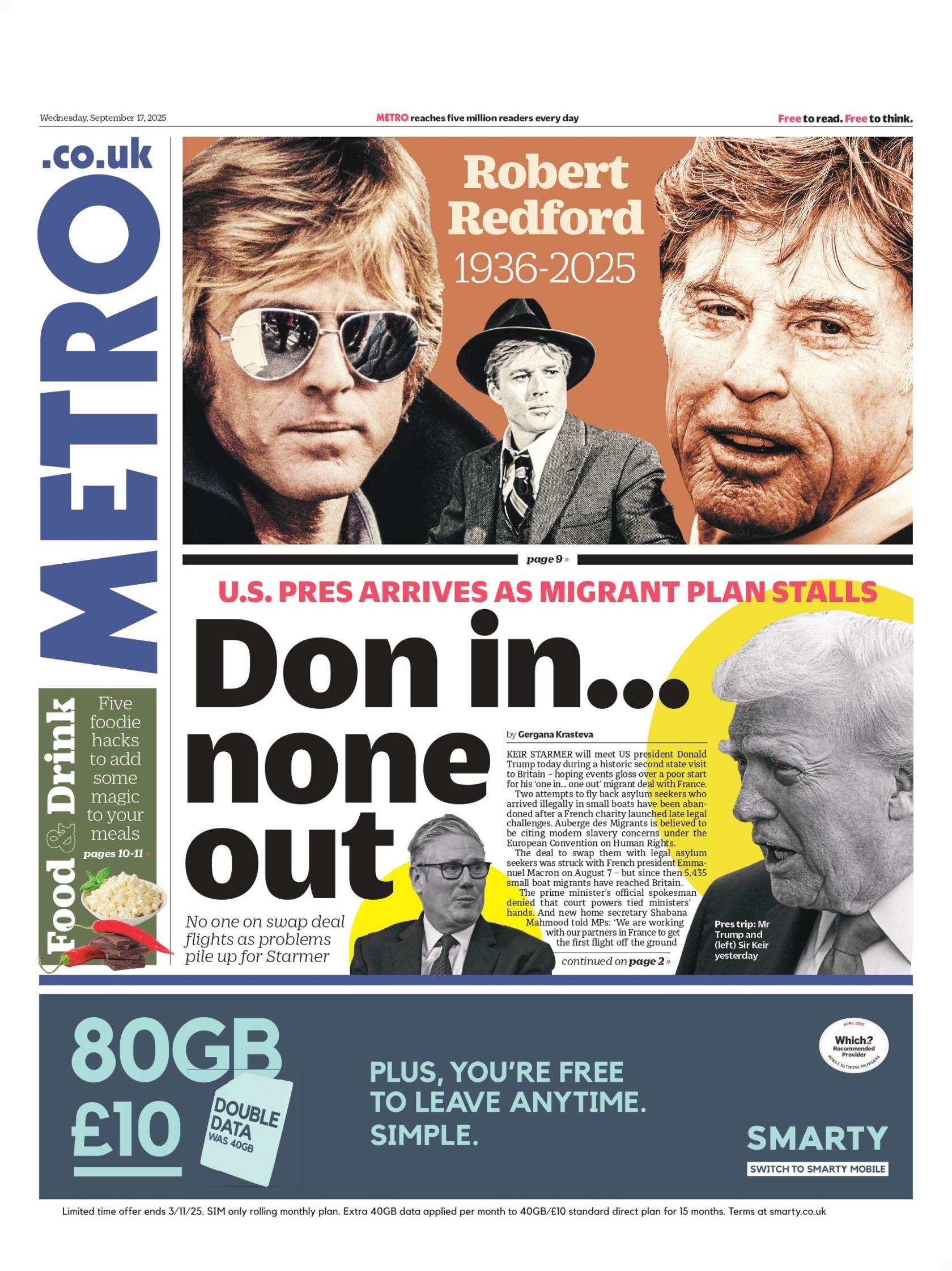 "Don in... none out" reads the headline on the front page of Metro.