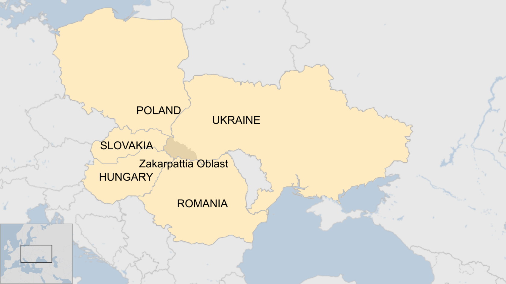 Map showing Zakarpattia Oblast in Ukraine along with Poland, Slovakia, Hungary and Romania.