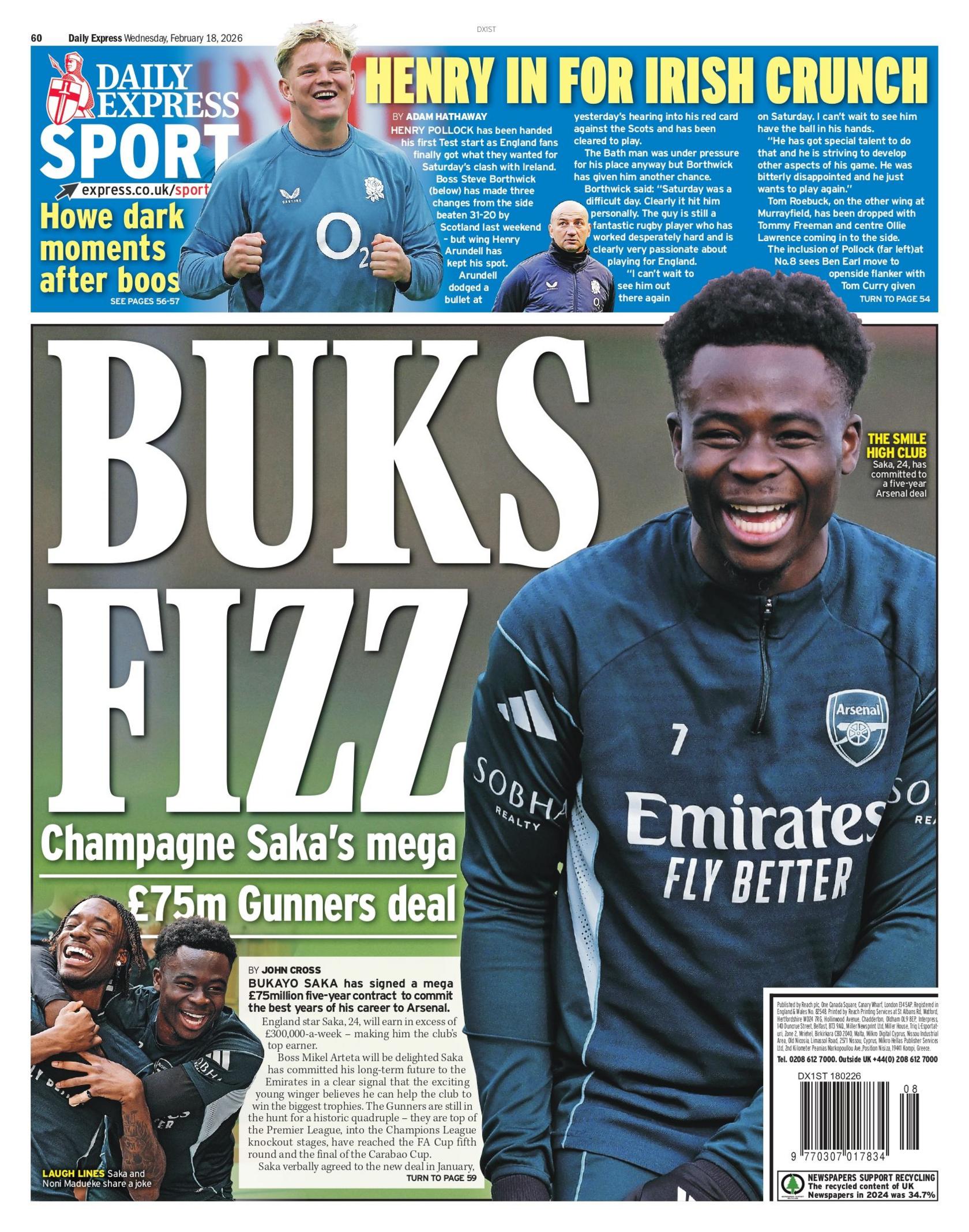 Back page of the Daily Express on 18 February 2026