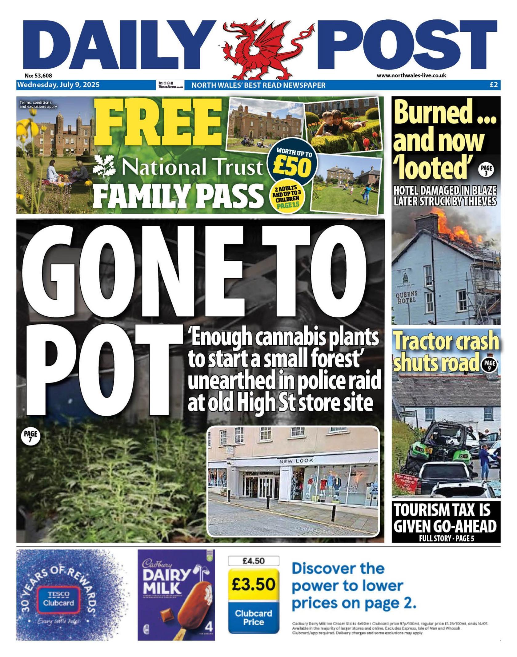 Front page of Daily Post with headline Gone to pot and image of cannabis found in police raid