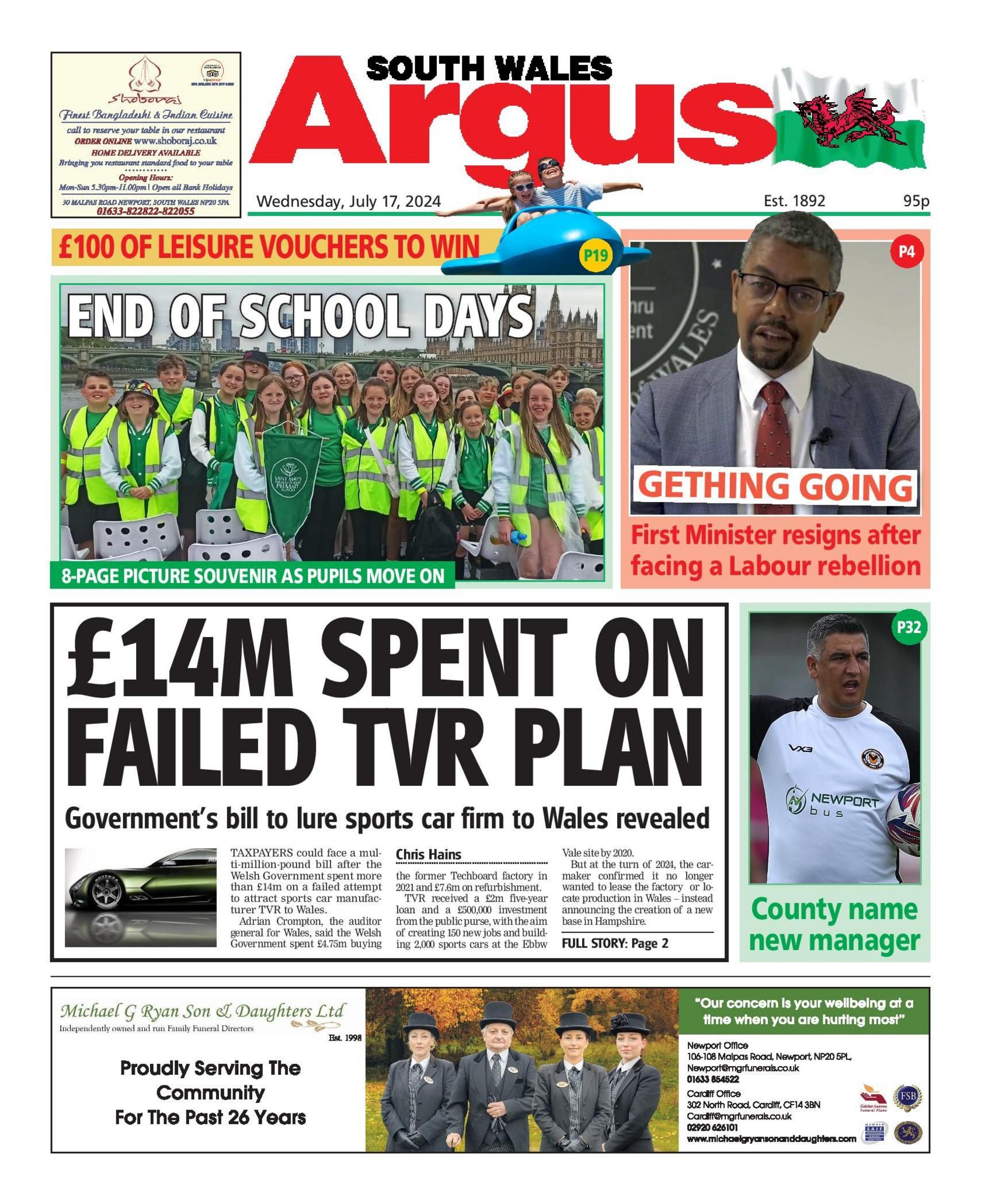 Front page of the South Wales Argus