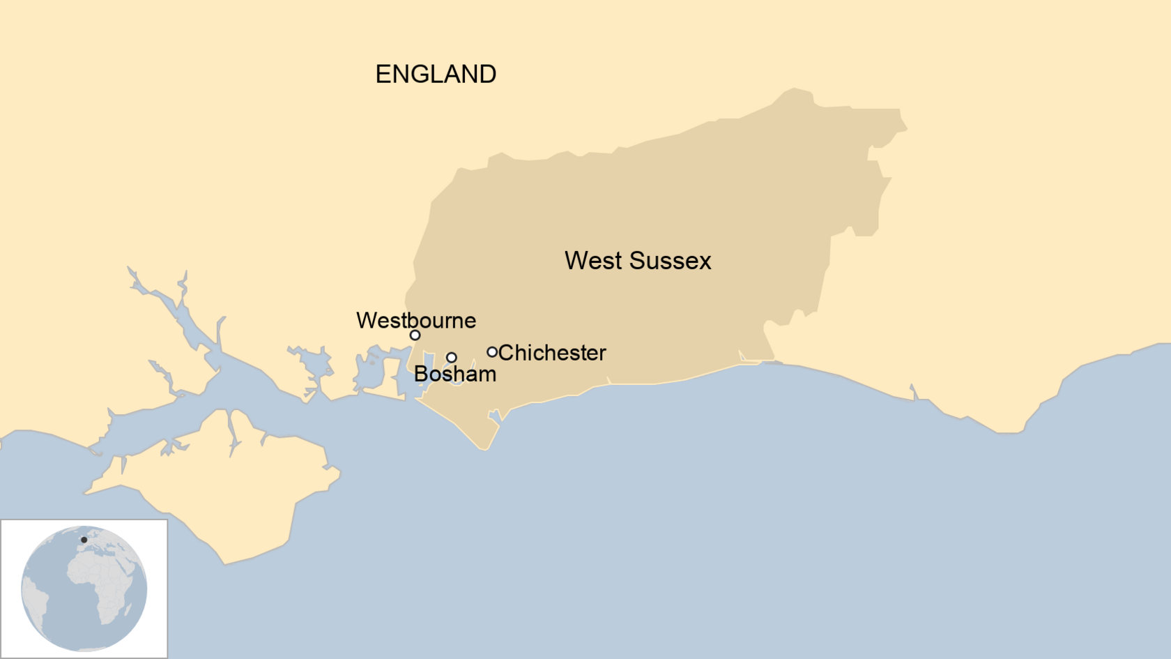 A map showing where Westbourne is in West Sussex