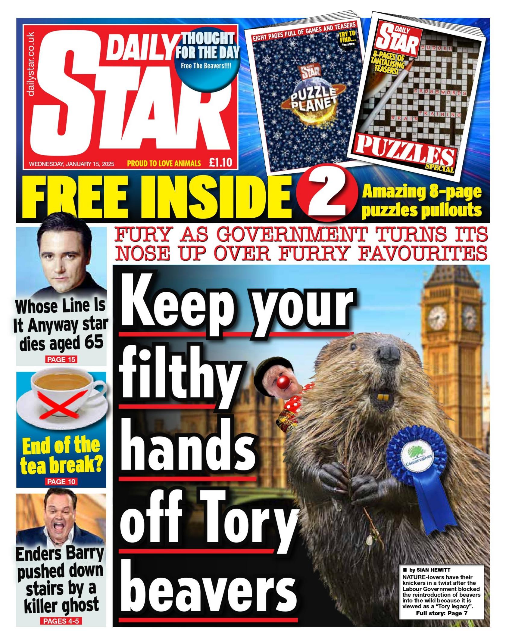 The front page of the Daily Star reads: "Keep your filthy hands off Tory beavers"