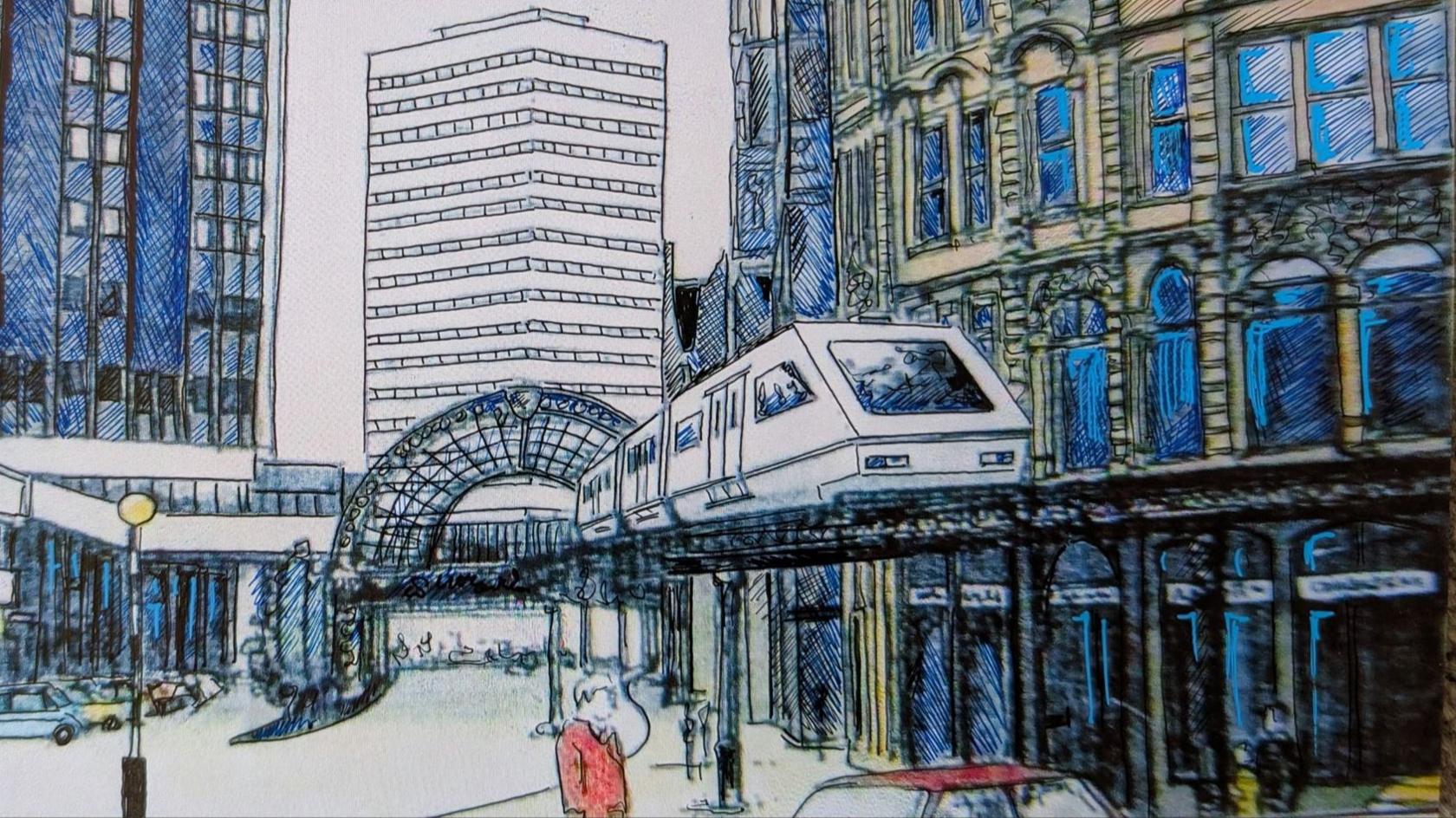 A tram on raised tracks travels around a city at first-floor level in a drawing