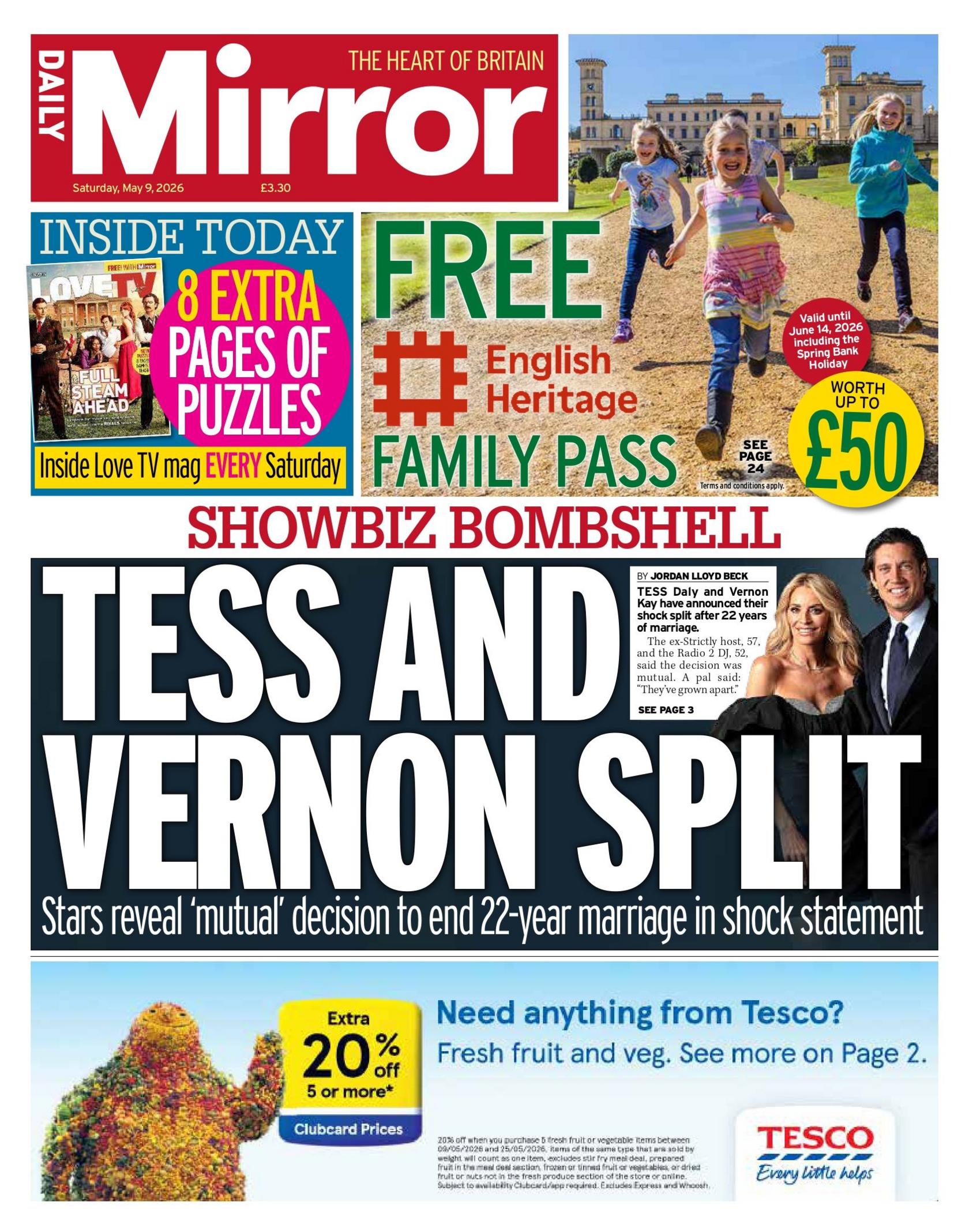"Tess dhe Vernon ndahen", shkruhet në titullin kryesor të gazetës Daily Mirror.