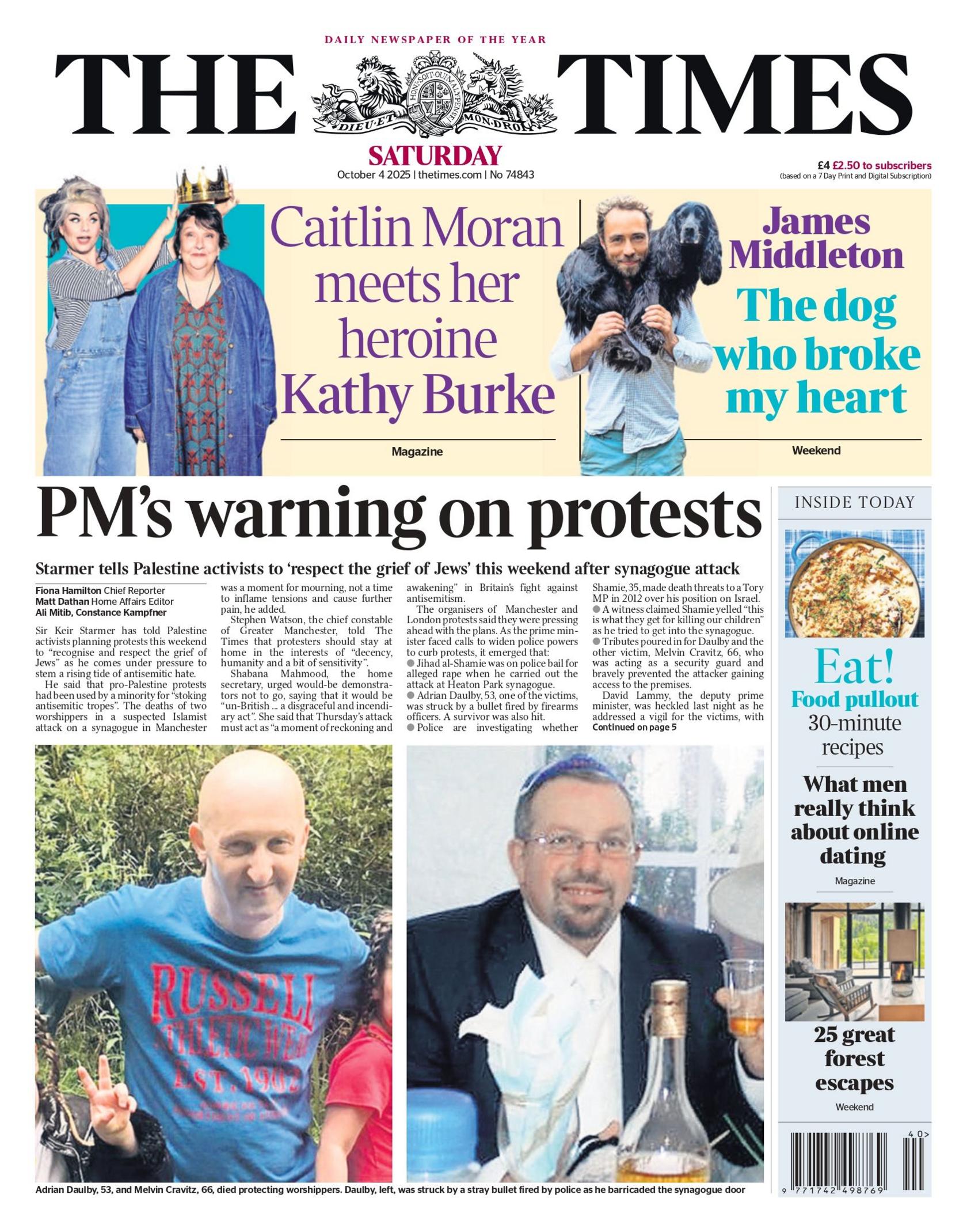 "PM's warning on protests" reads the headline on the front page of The Times.