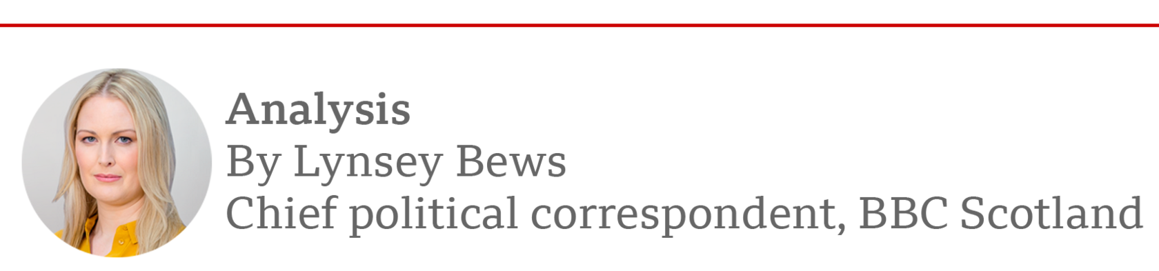 Byline strap for Lynsey Bews, chief political correspondent for BBC Scotland. It includes a picture of Lynsey on the left - she has long blonde hair and is wearing a yellow blouse.