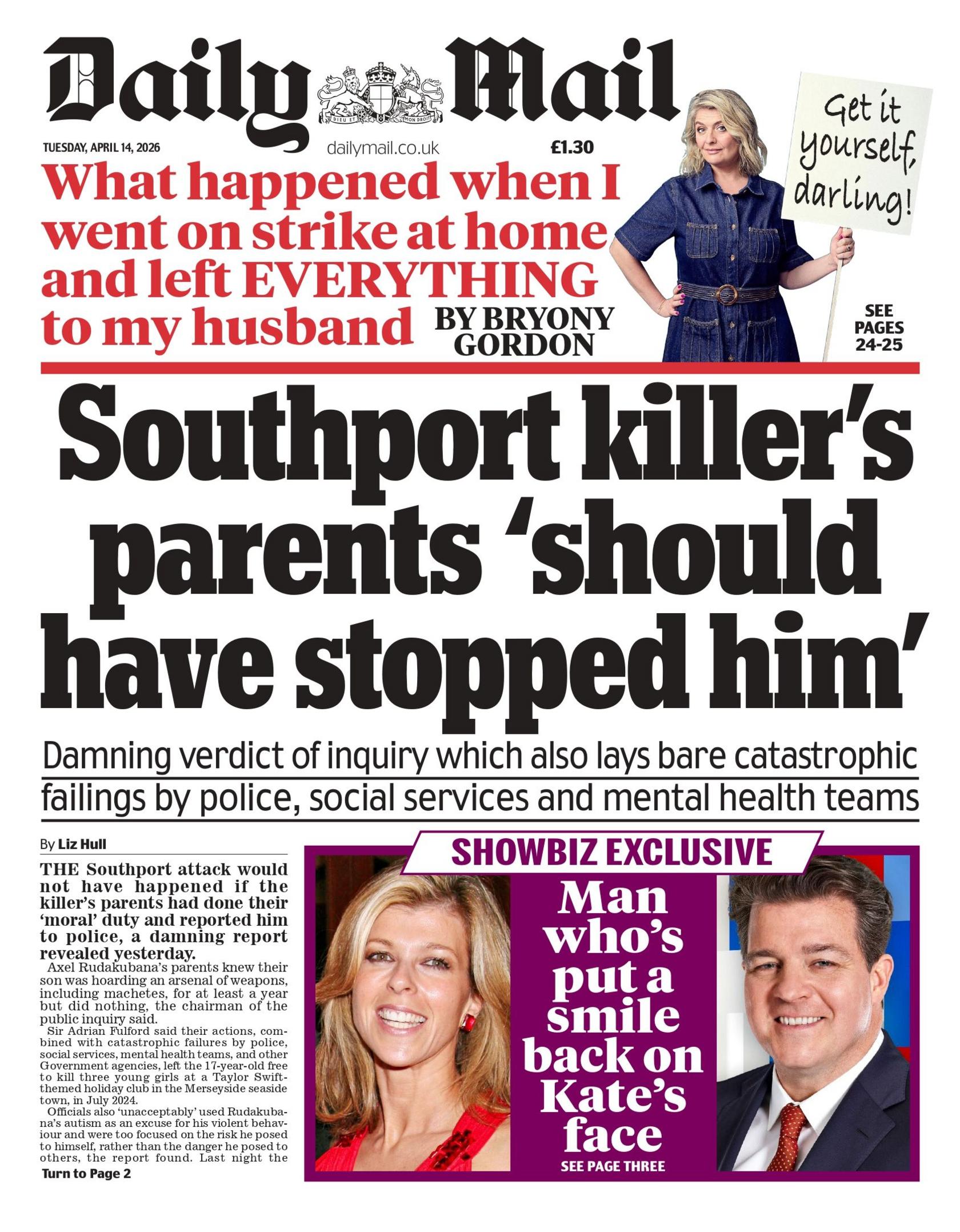 “Prindërit e vrasësit të Southport ‘duhet ta kishin ndaluar’”, shkruhet në titullin kryesor të faqes së parë të Daily Mail.