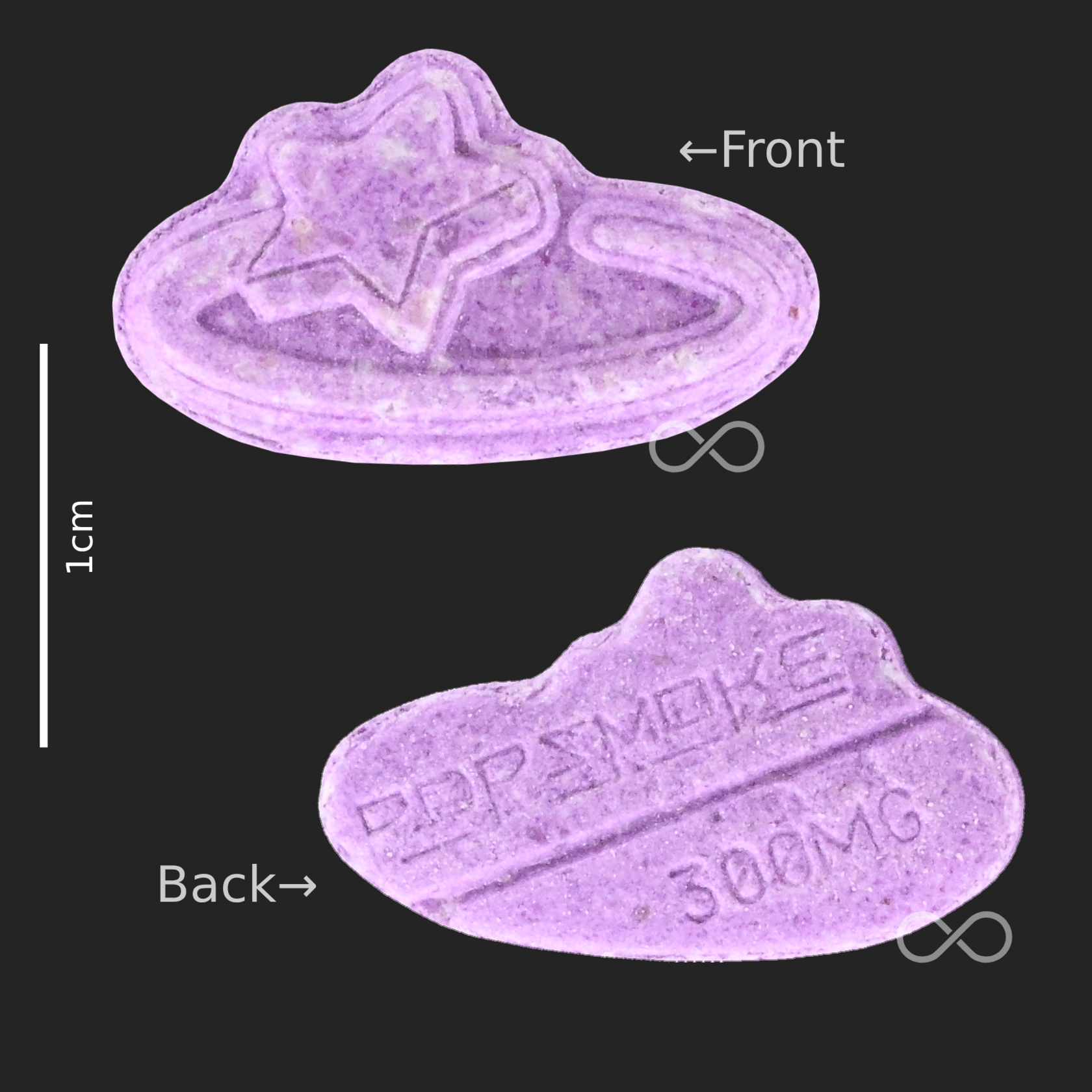 The front and back images of the pills which are coloured purple and have "pop smoke" inscribed