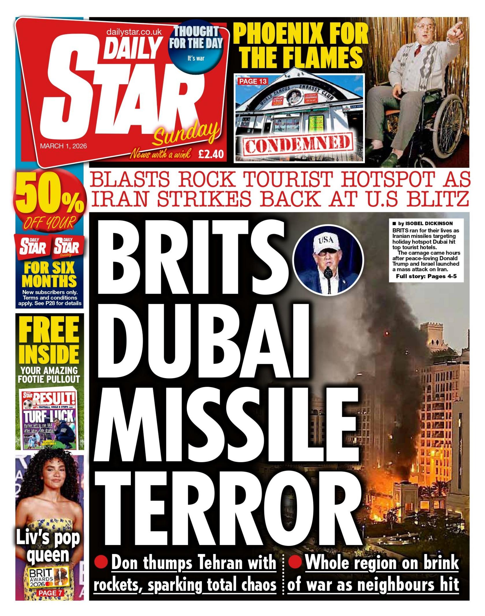 The headline on the front page of the Daily Star Sunday reads: "Brits Dubai missile terror".