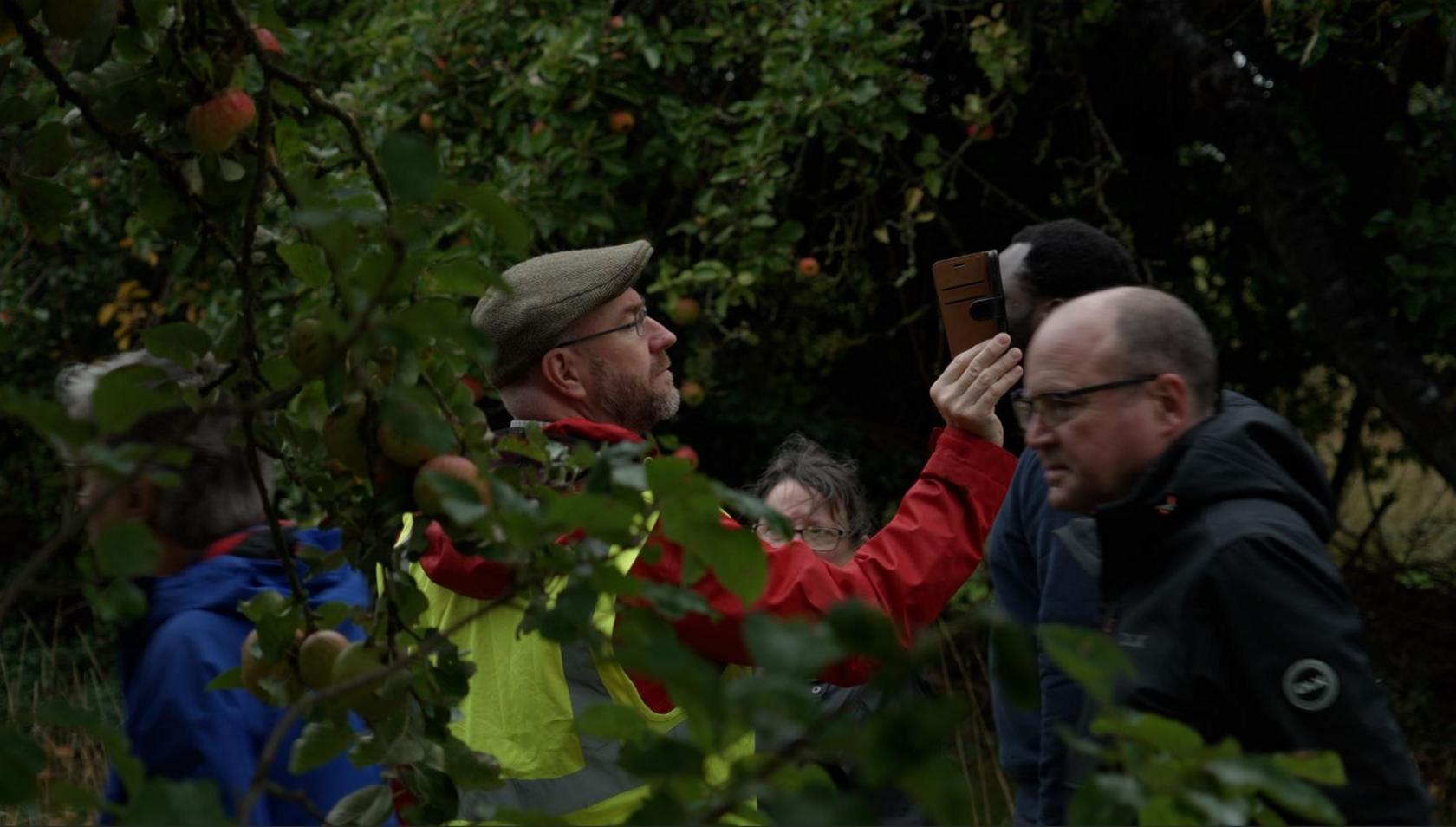 An inspector wearing a flat cap and hi-vis vest under a red jacket, looking at his phone in Coton Orchard, surrounded by trees and other participants in the inquiry.