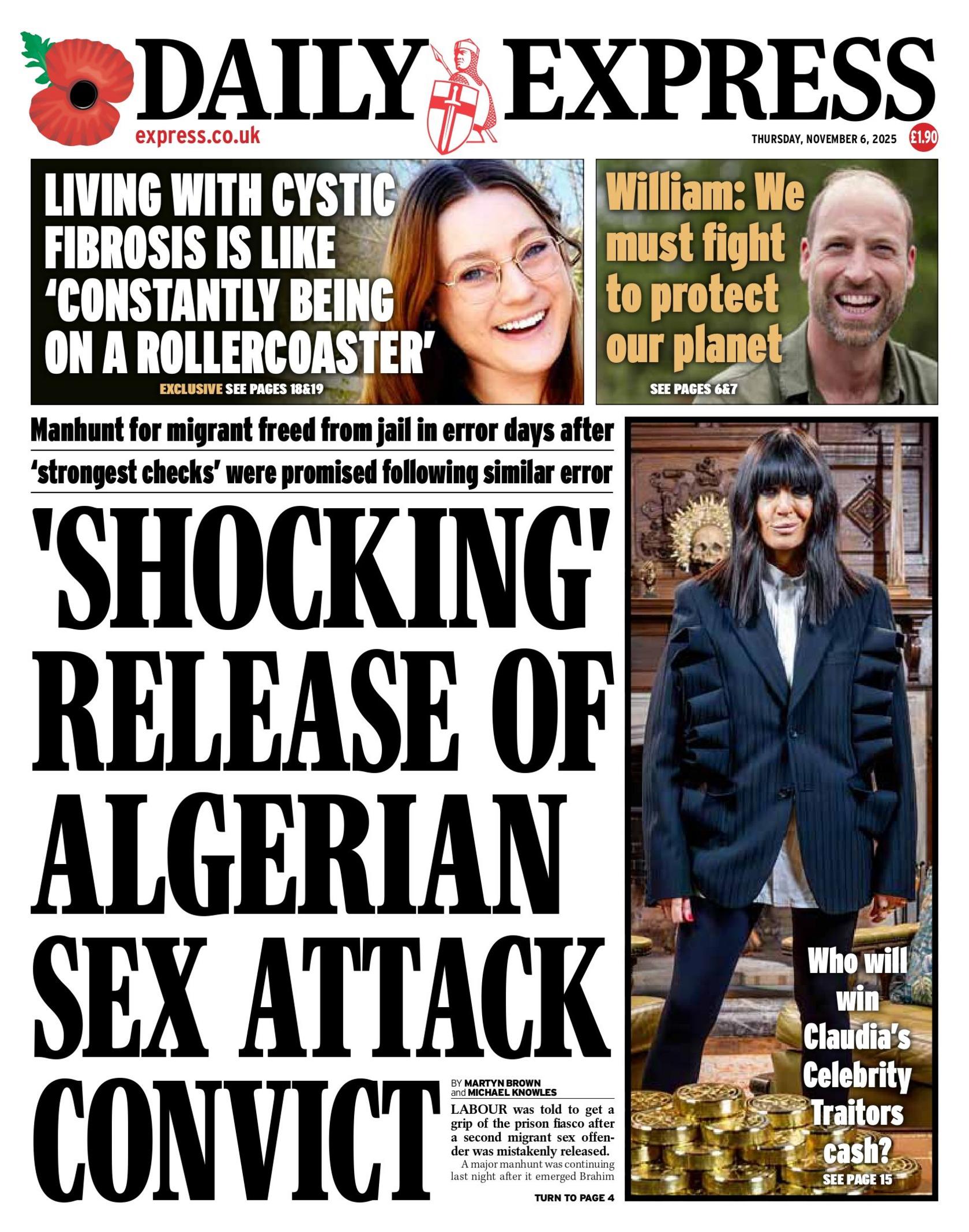 The headline on the front page of Daily Express reads: "'Shocking' release of Algerian sex attack convict".