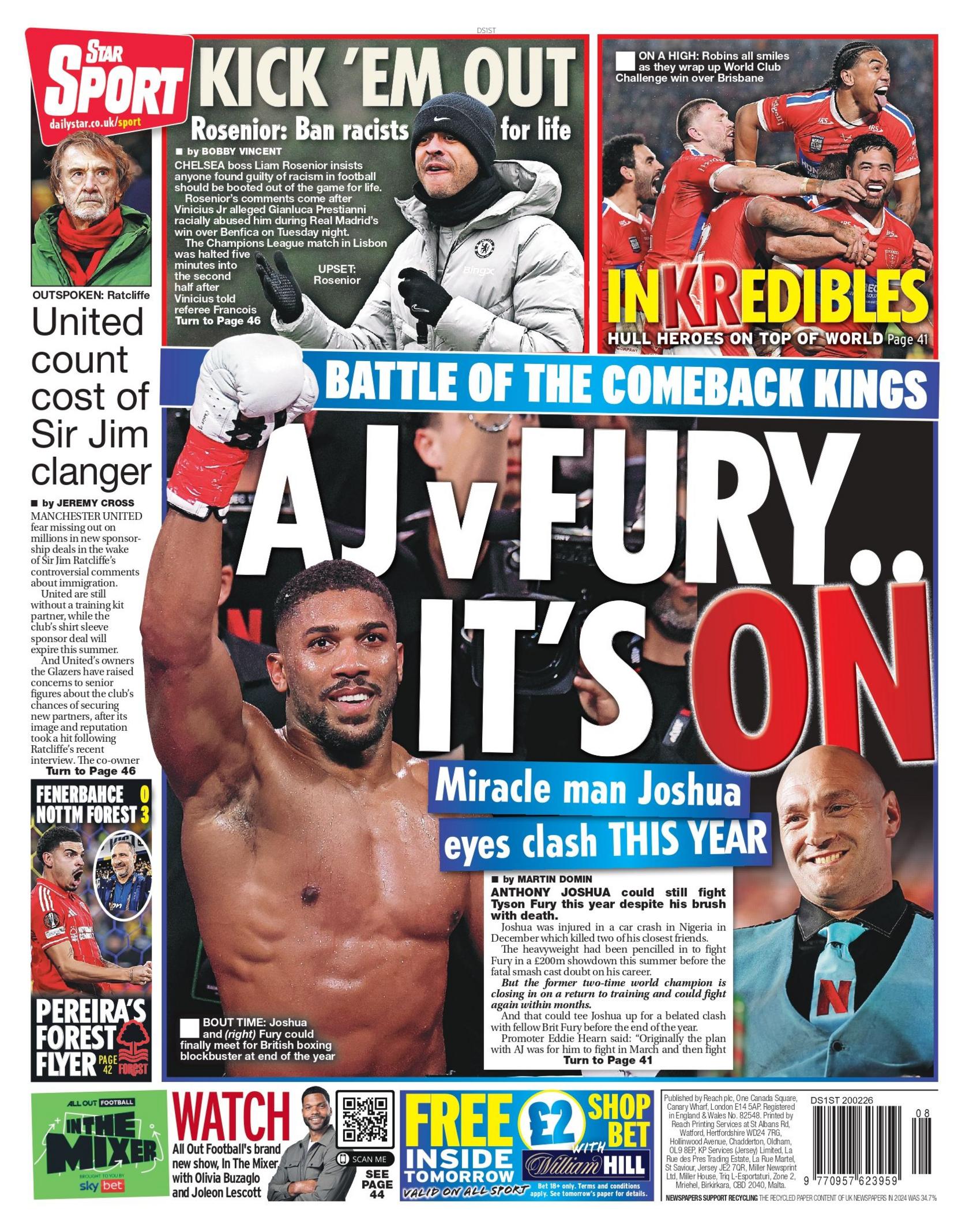 The Daily Star's back page with the headline: "AJ vFury... It's On".