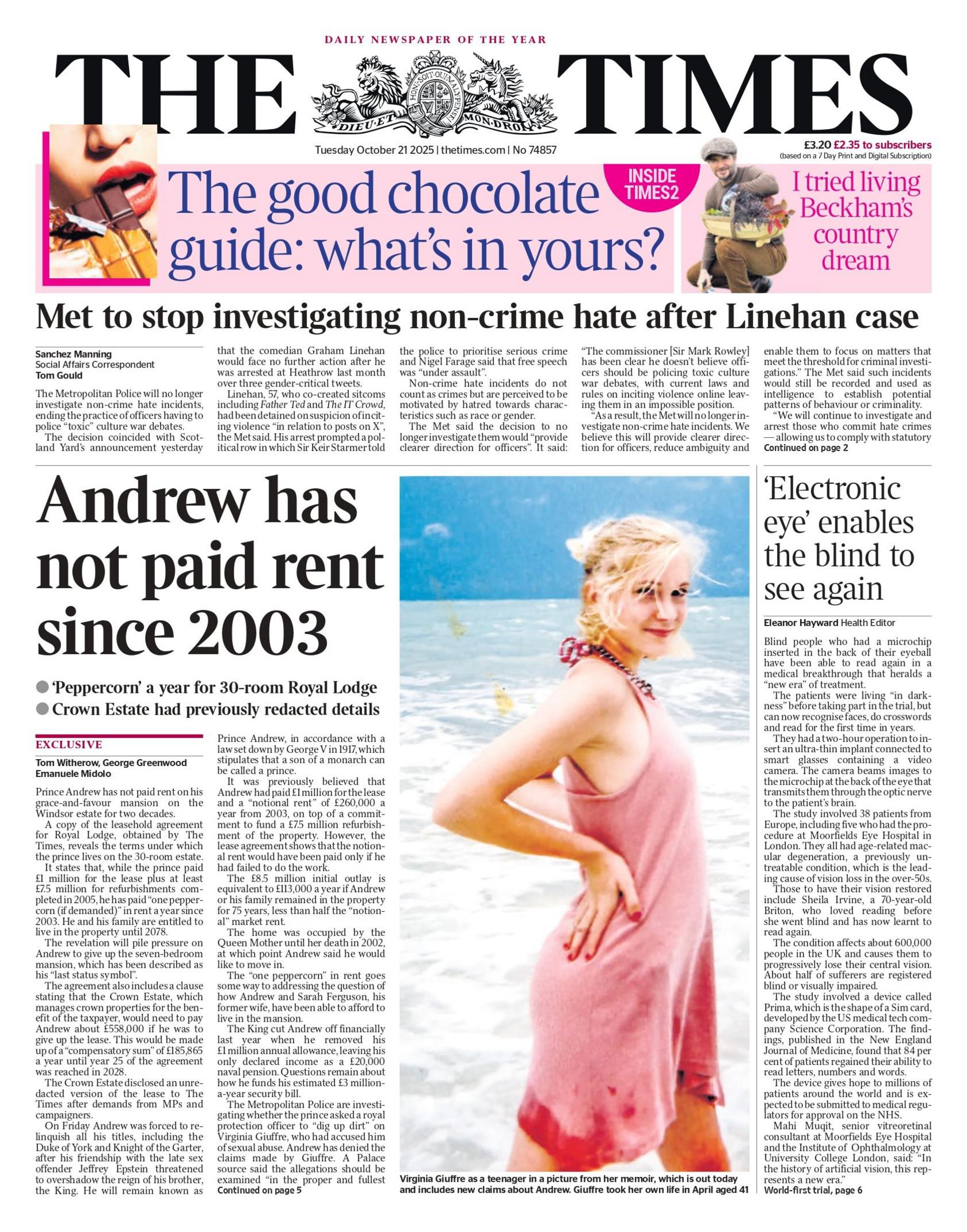 'Andrew has not paid rent since 2003' reads the headline on the front page of The Times.