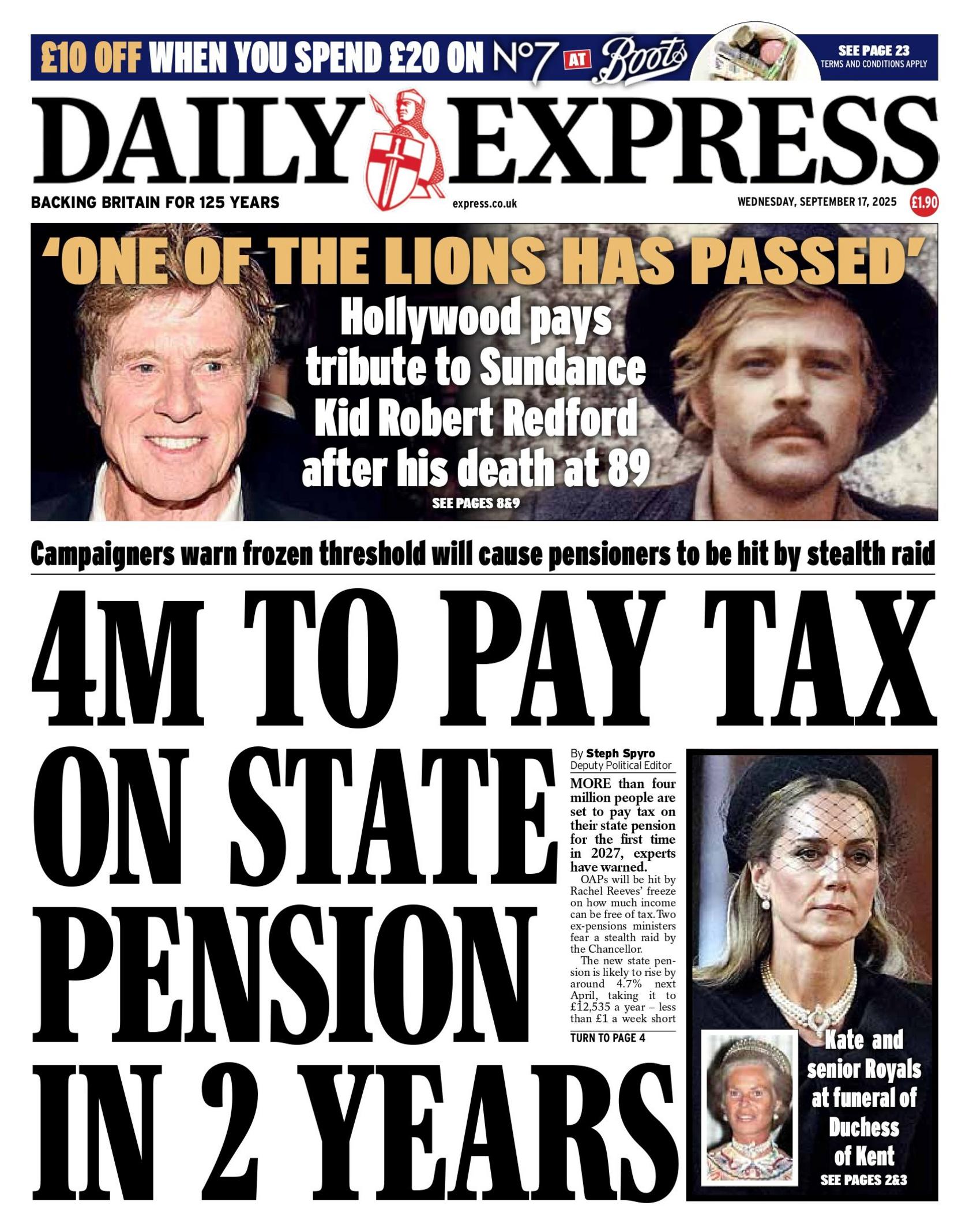 "4m to pay tax on state pension in two years" reads the headline of the Daily Express.