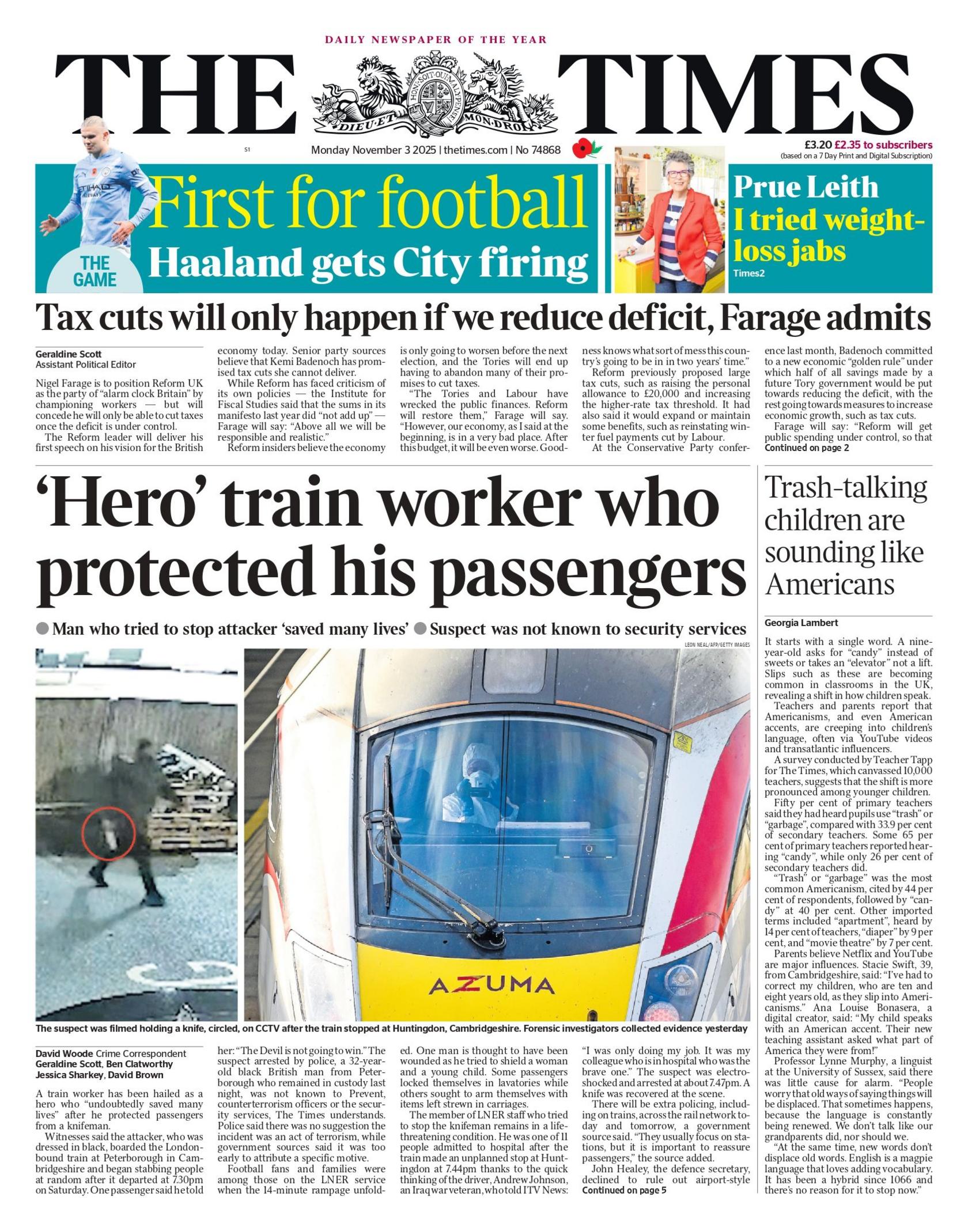 The headline on the front page of the Times reads: "'Hero' train worker who protected his passengers."