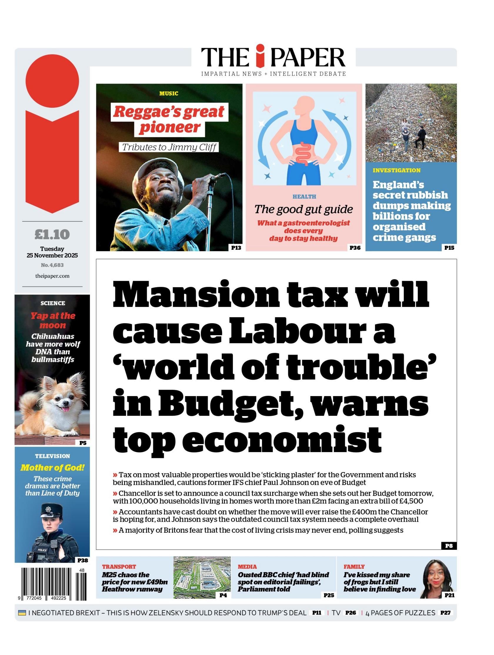 "Mansion tax will cause Labour a 'world of trouble' in Budget, warns top economist," reads the headline on the front page of the i Newspaper.