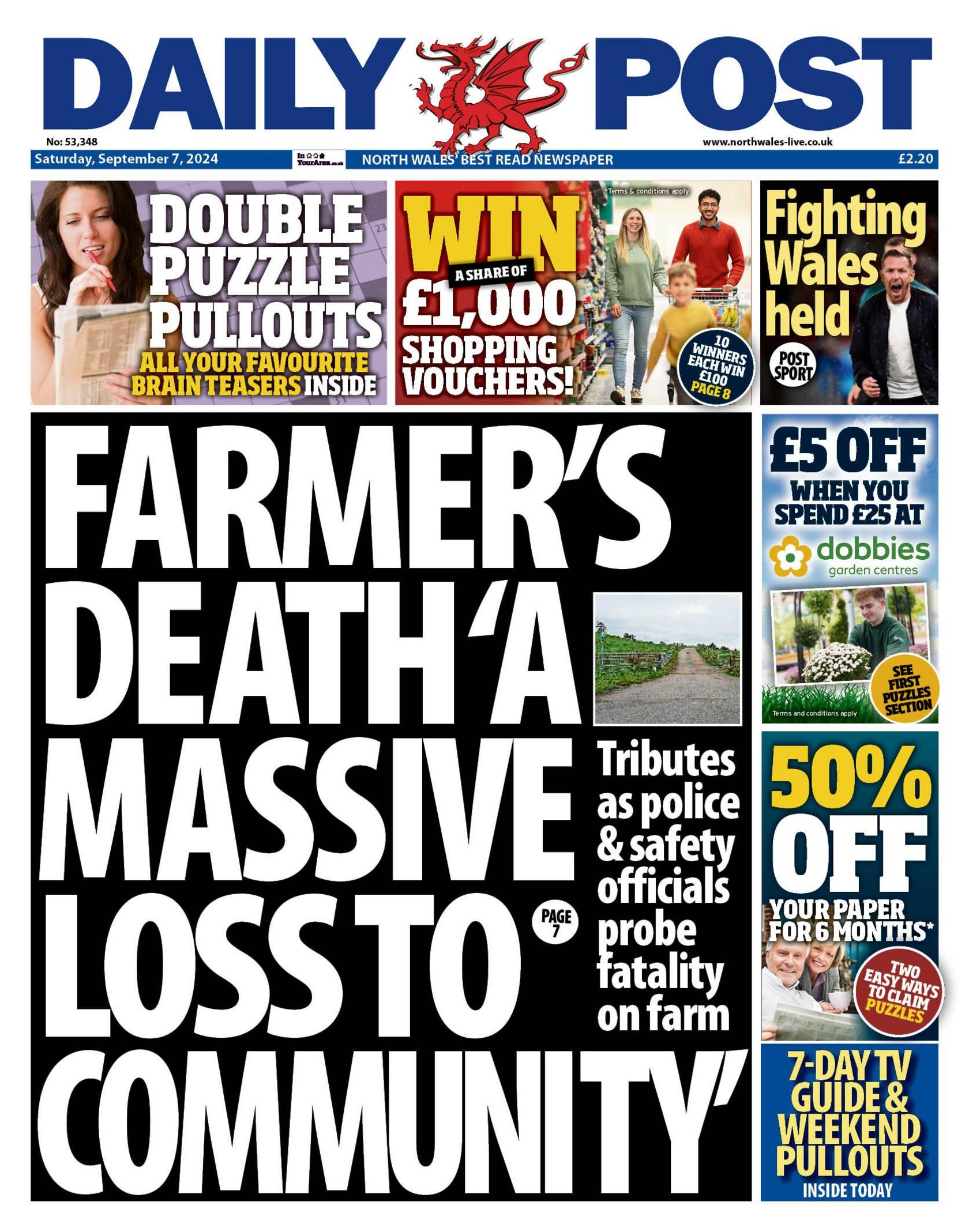 Daily Post front page. Lead story: Farmer's death a massive loss to community. 