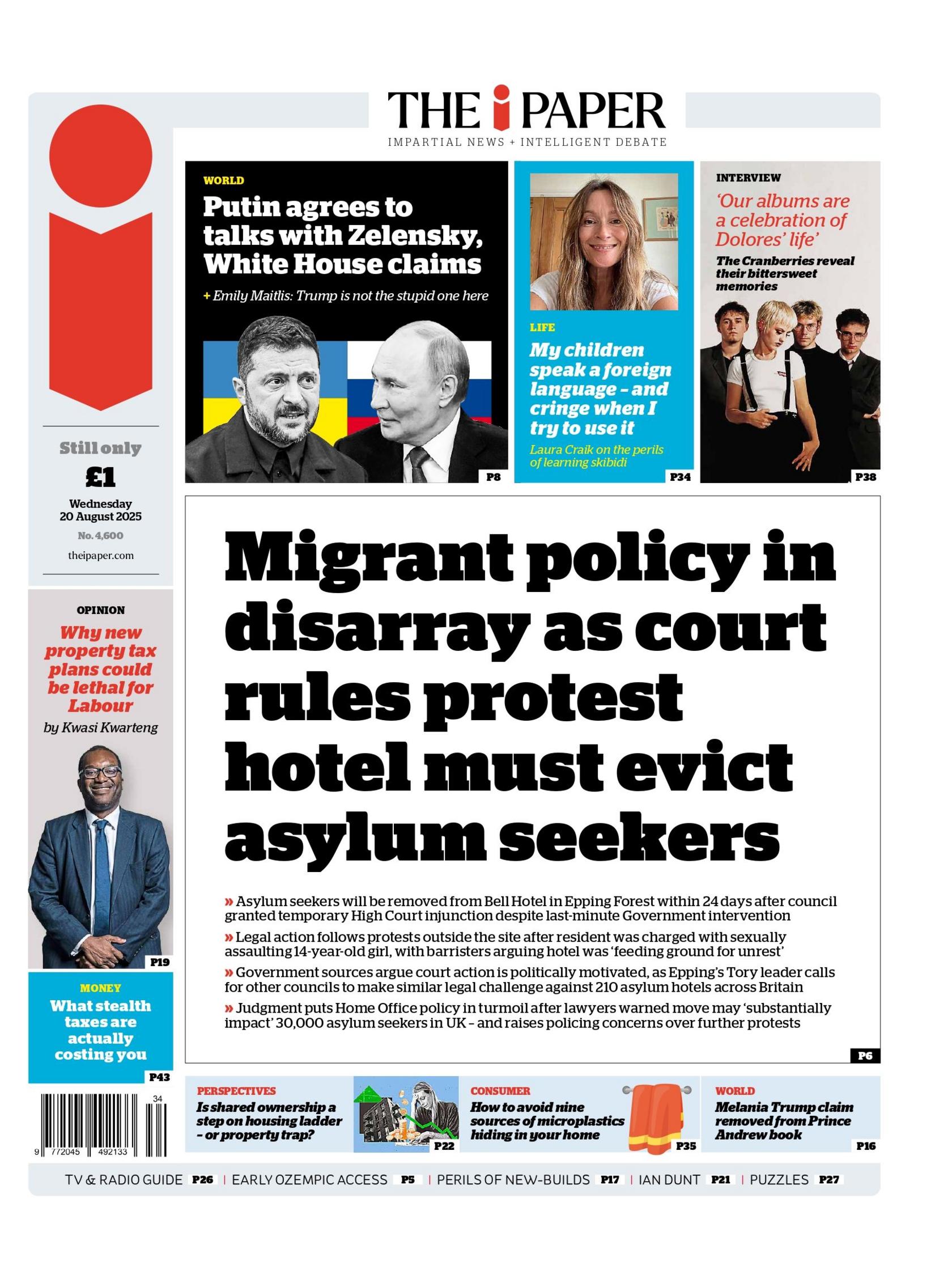 "Migrant policy in disarray as court rules protest hotel must evict asylum seekers" reads the headline on the front page of The i Paper.