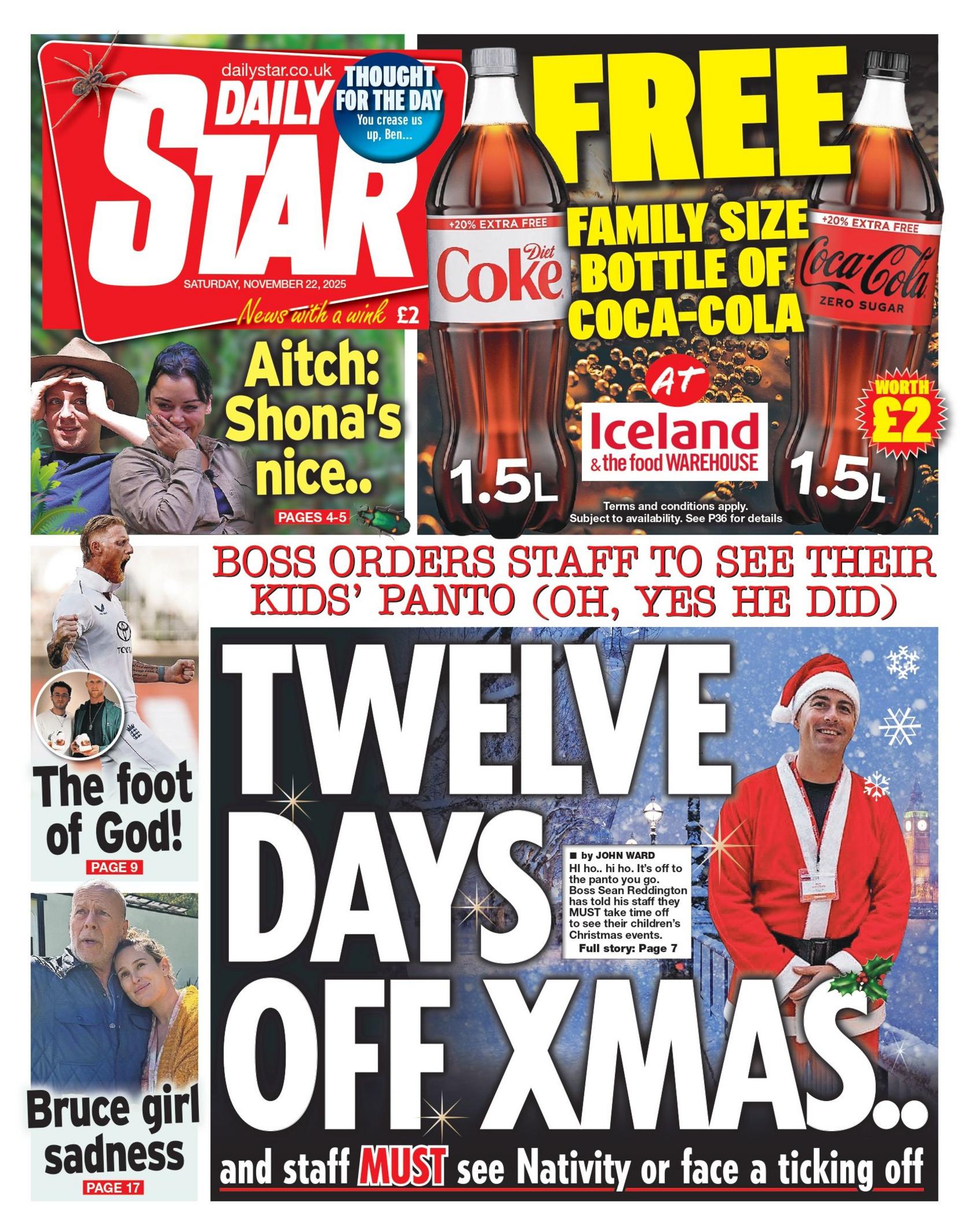 The headline on the front page of the Daily Star reads: "Twelve days off Xmas".