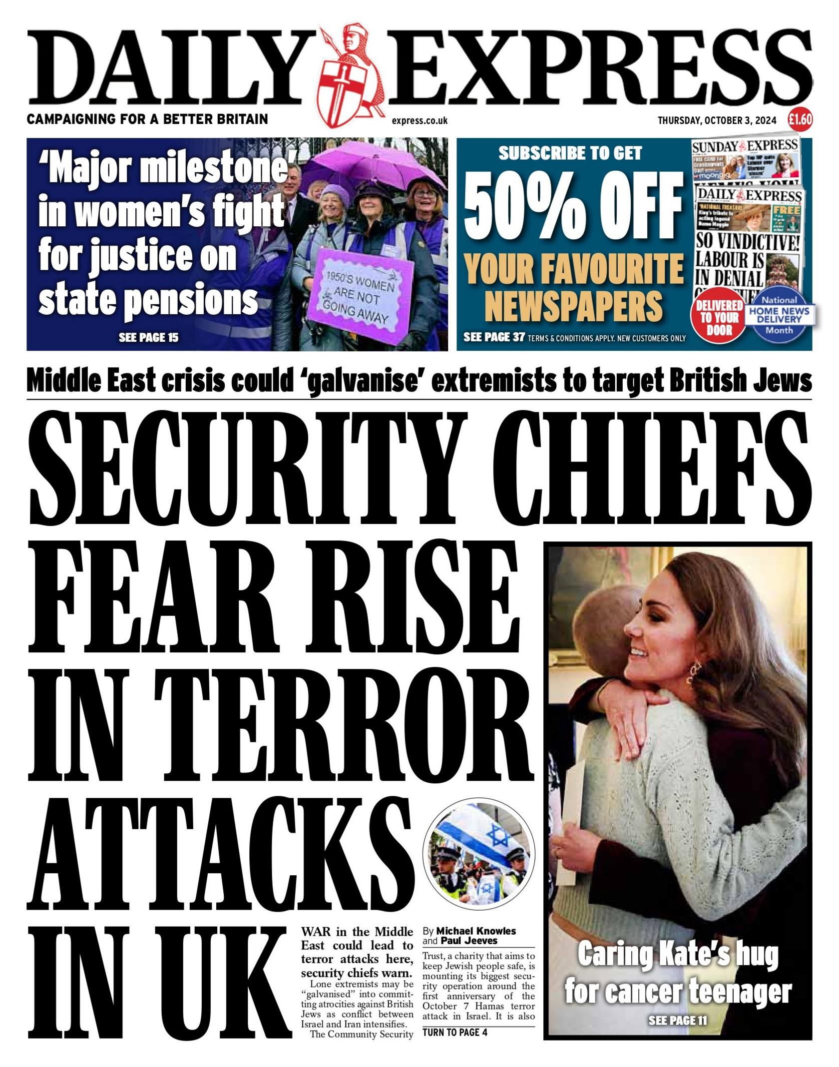 The Daily Express front page for 3 October  