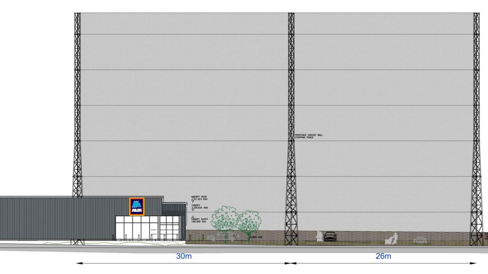 A computer generated image of the proposed fencing. It shows the scale of the net fencing against the Aldi store. the fencing appears to be at least four times higher than the store. 